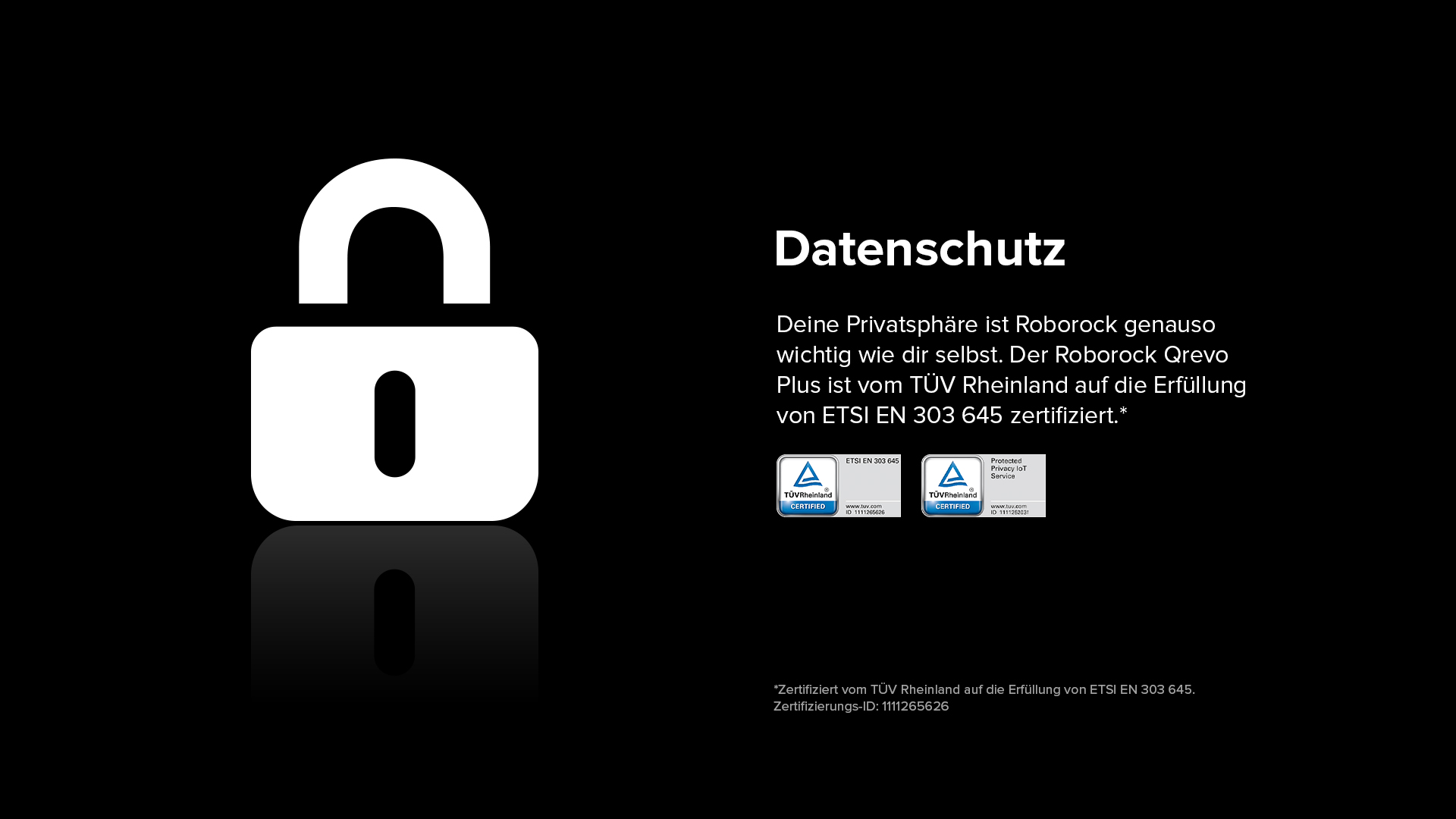 Schlosssymbol, weiß auf schwarzem Hintergrund mit Text über Datenschutz und Zertifizierungen.