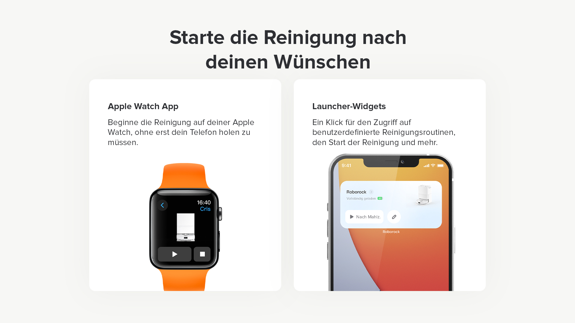 Bildschirme mit Apple Watch- und iPhone-Apps zur Reinigung. Weißer Hintergrund.