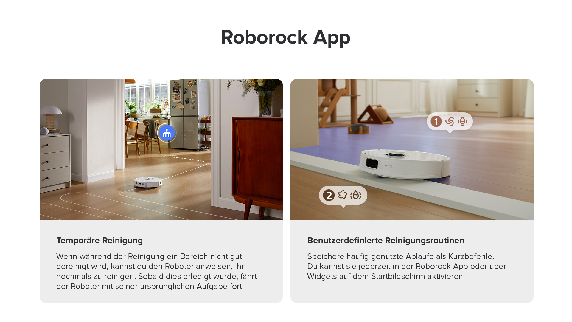 Zwei Bilder eines Roboter-Staubsaugers und seiner App-Oberfläche.