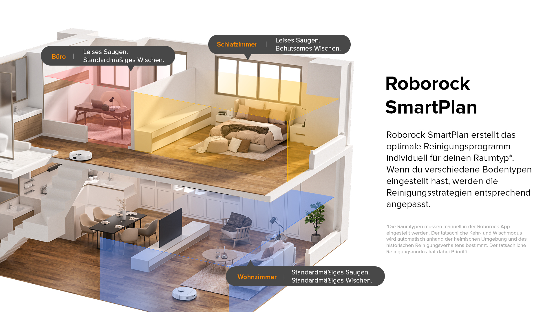 Grundriss mit intelligentem Reinigungsroboter.