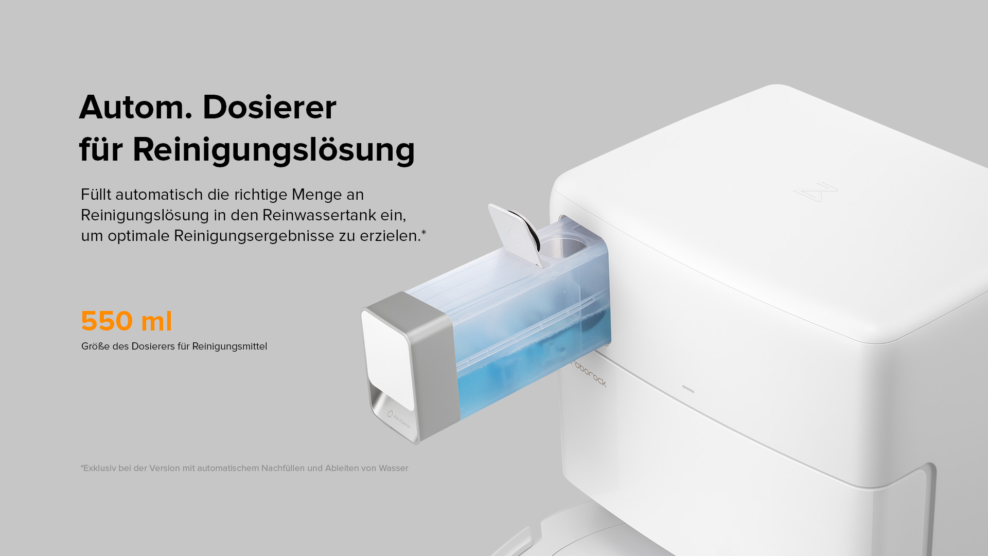 Bild, das den Behälter zeigt, der Reinigungslösung in den Staubsauger abgibt.
