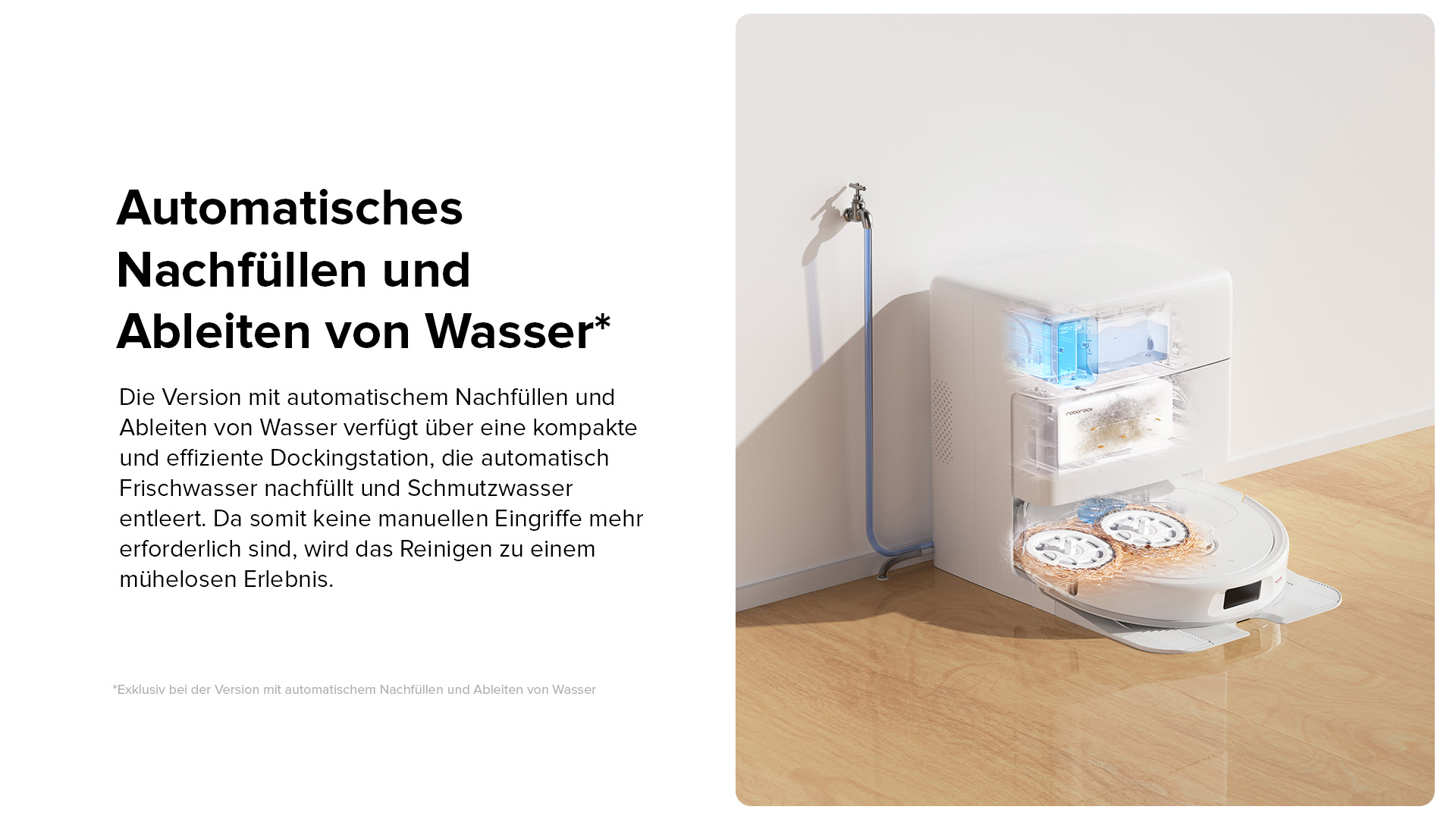 Staubsauger mit Wasserzu- und -ableitung, mit Details der Wassertanks.