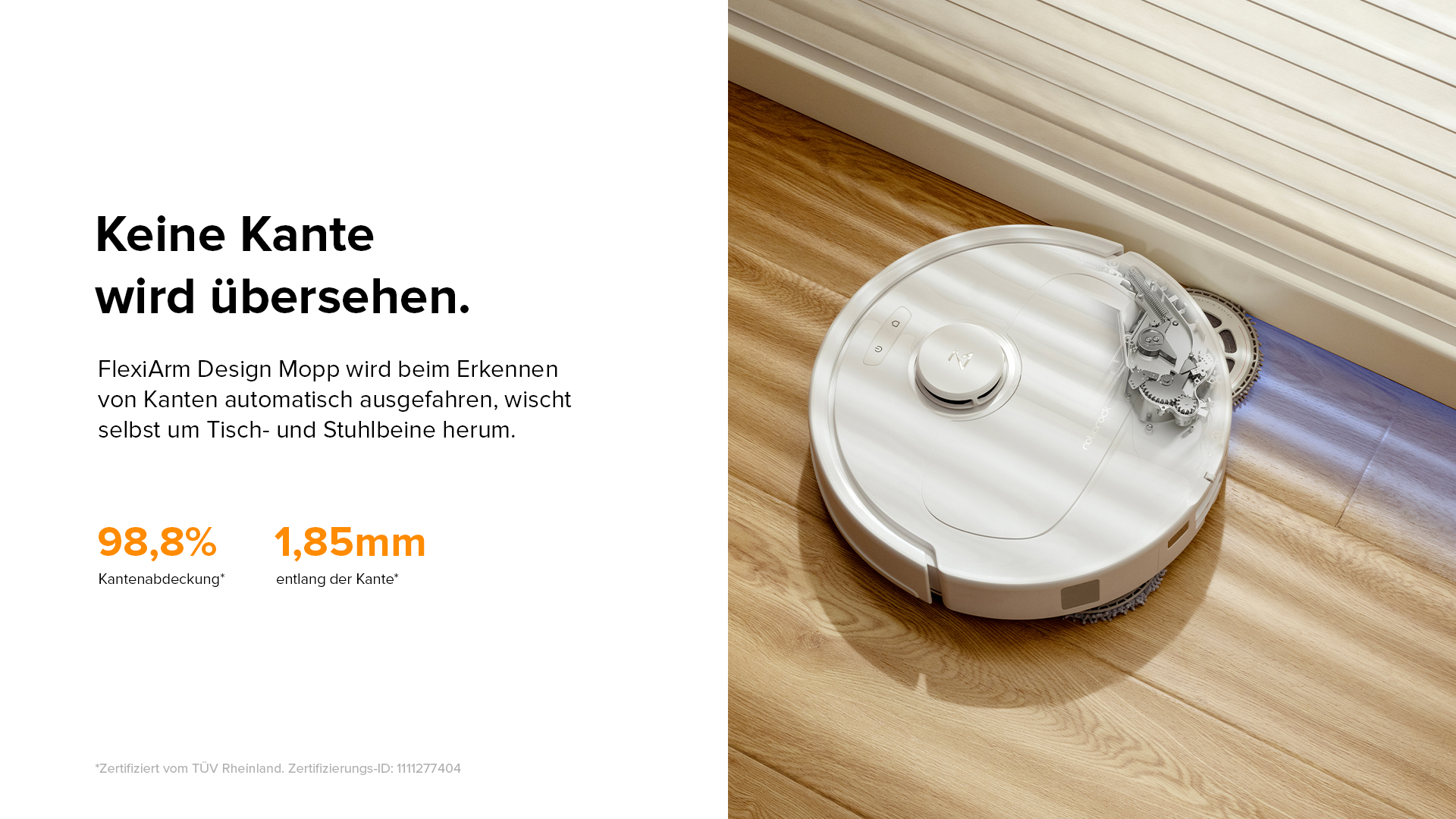 Staubsauger reinigt neben einer Wand und demonstriert die Kantenreinigungsfähigkeiten.