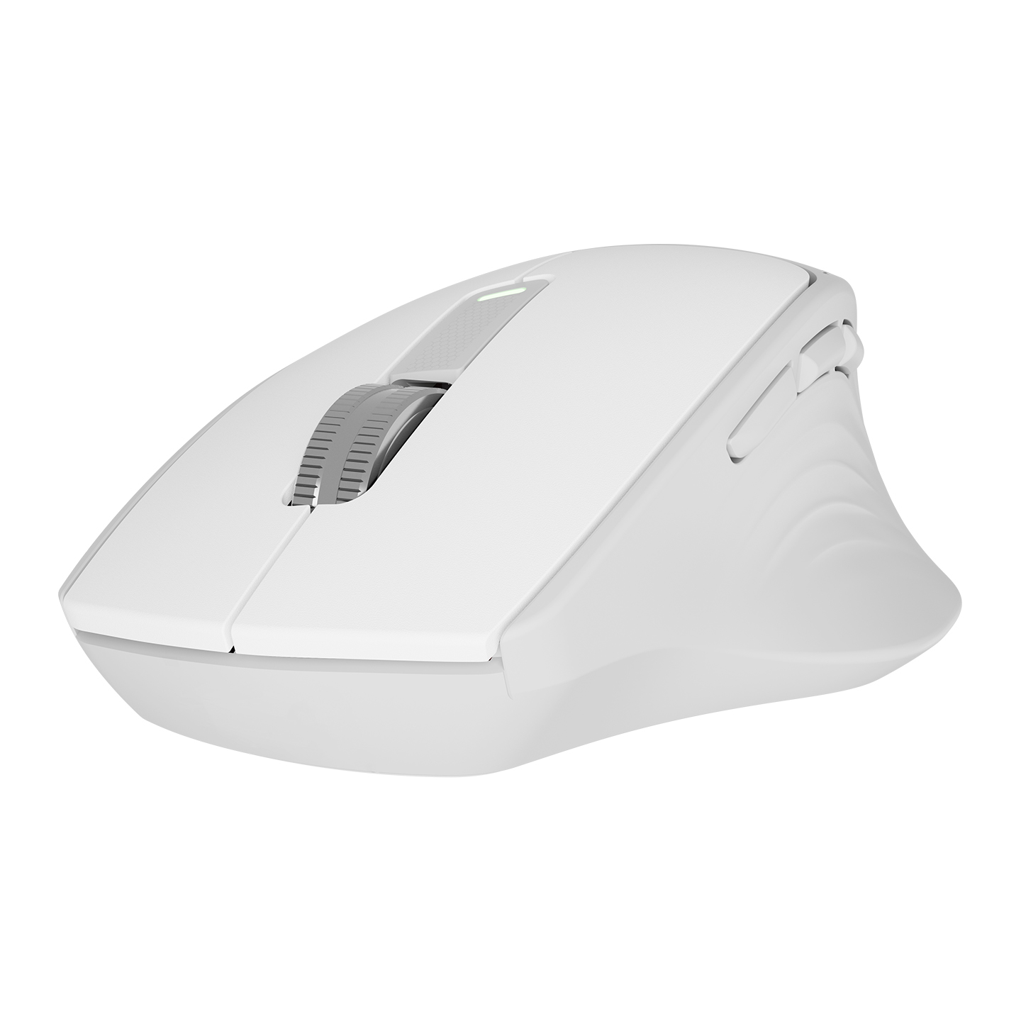 Kaydırma tekerleği ve düğmeleri olan beyaz ergonomik fare, yan görünüm.