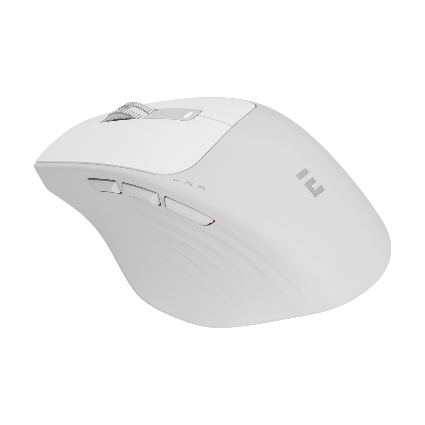 Çoklu düğmeli ve kaydırma tekerlekli beyaz ergonomik bir bilgisayar faresi.