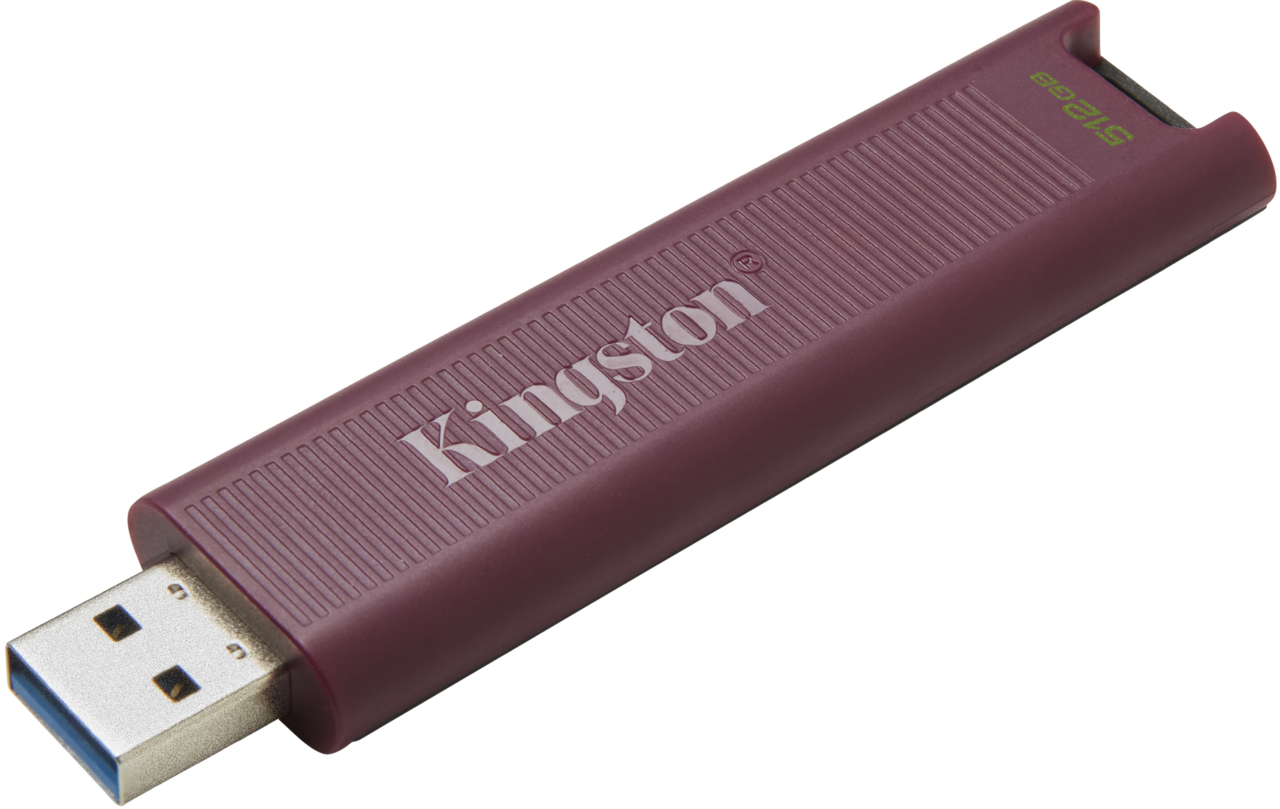 Egy bordó Kingston USB flash meghajtó fehér háttérrel.
