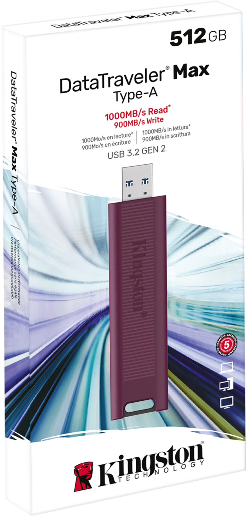 DataTraveler Max USB meghajtó dobozban. Lila meghajtó fehér szöveggel a dobozon.