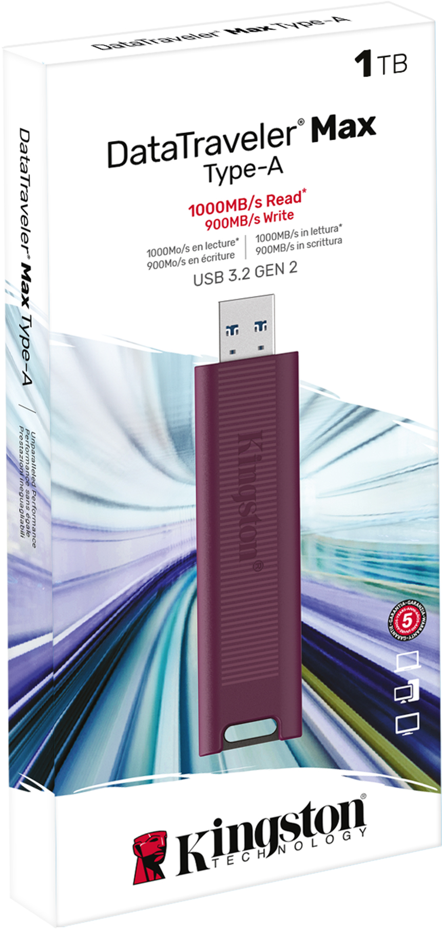 DataTraveler Max USB meghajtó dobozban. A dobozban termékinformációk és lila USB meghajtó.