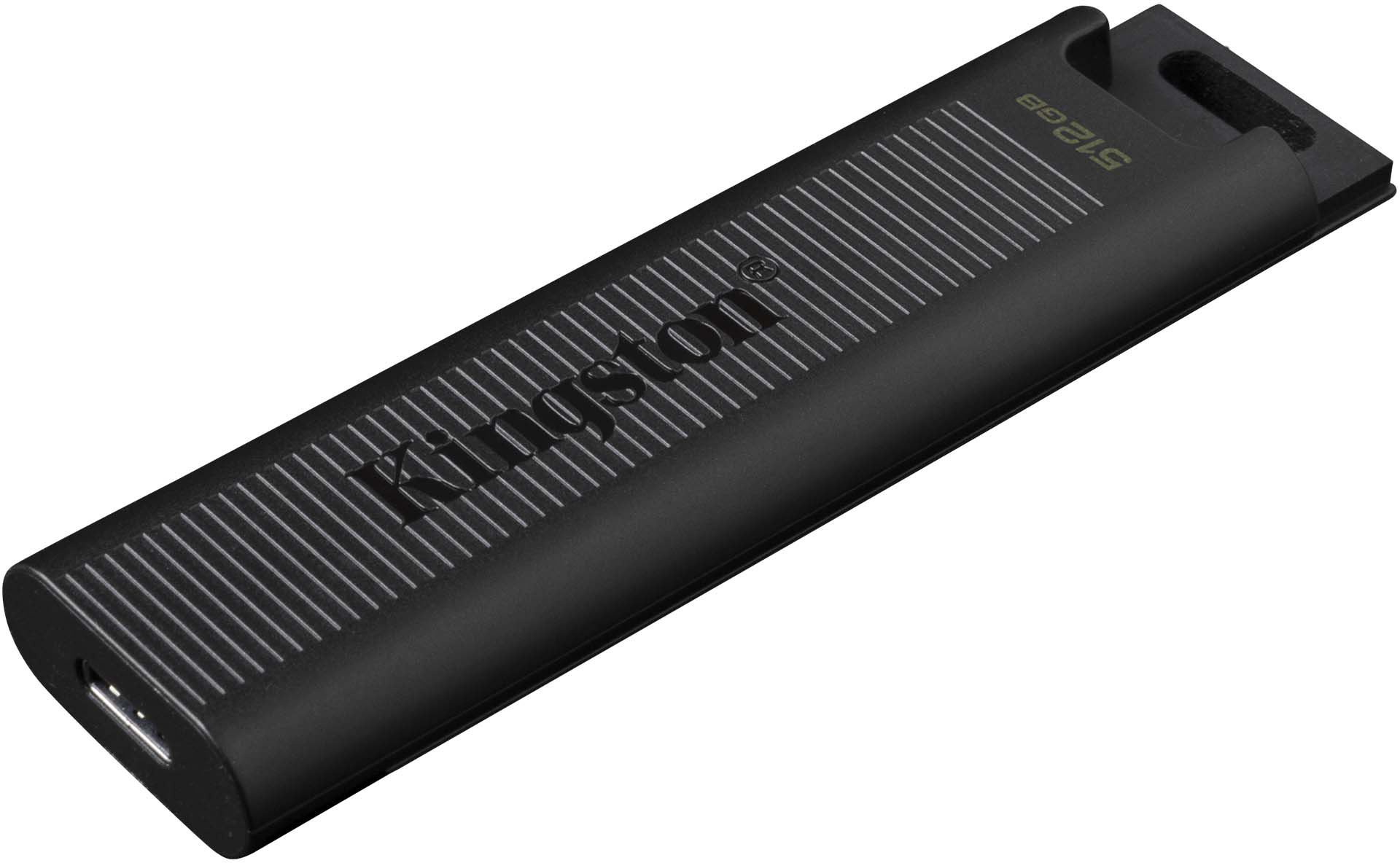 Egy fekete USB-meghajtó Kingston márkajelzéssel.