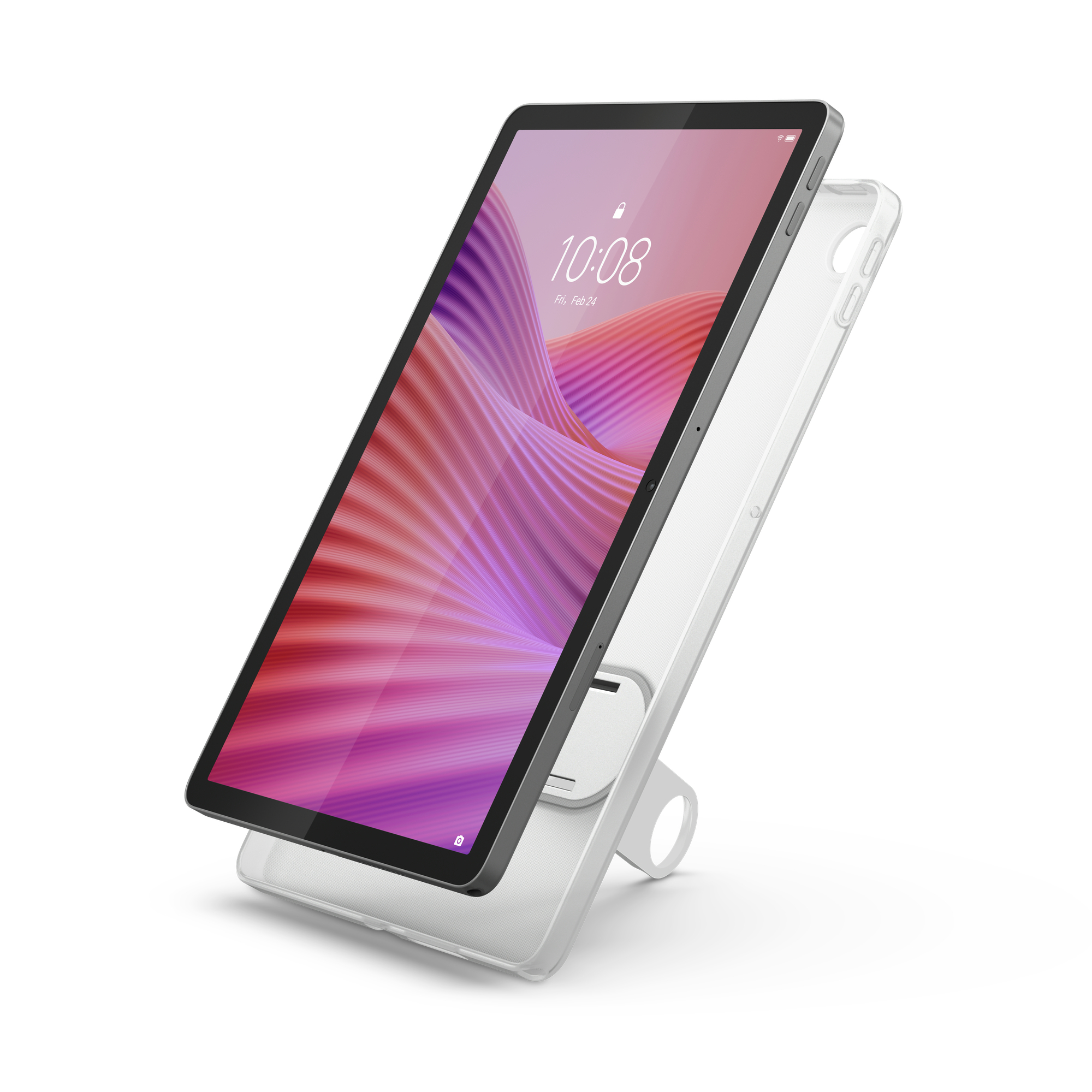 Tablet auf einem Ständer, weißes Gehäuse. Bildschirm zeigt Zeit und Wellen, rosa und lila.