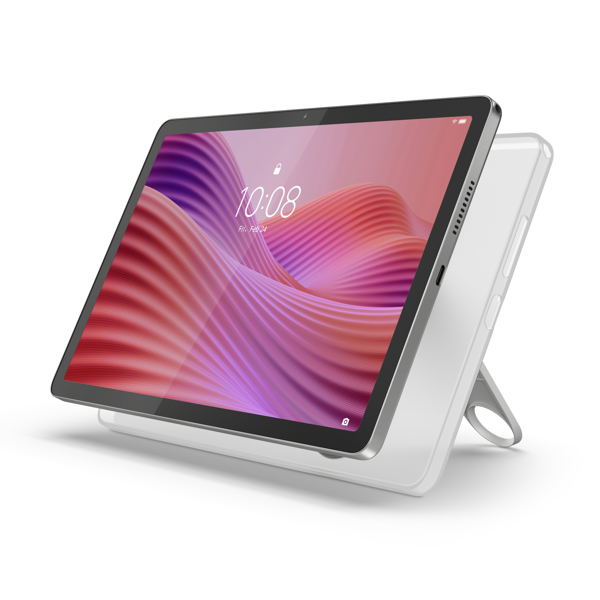 Ein graues Tablet mit einem Touchscreen, der ein farbenfrohes Design und die Uhrzeit anzeigt. Das Tablet steht auf einem Ständer.