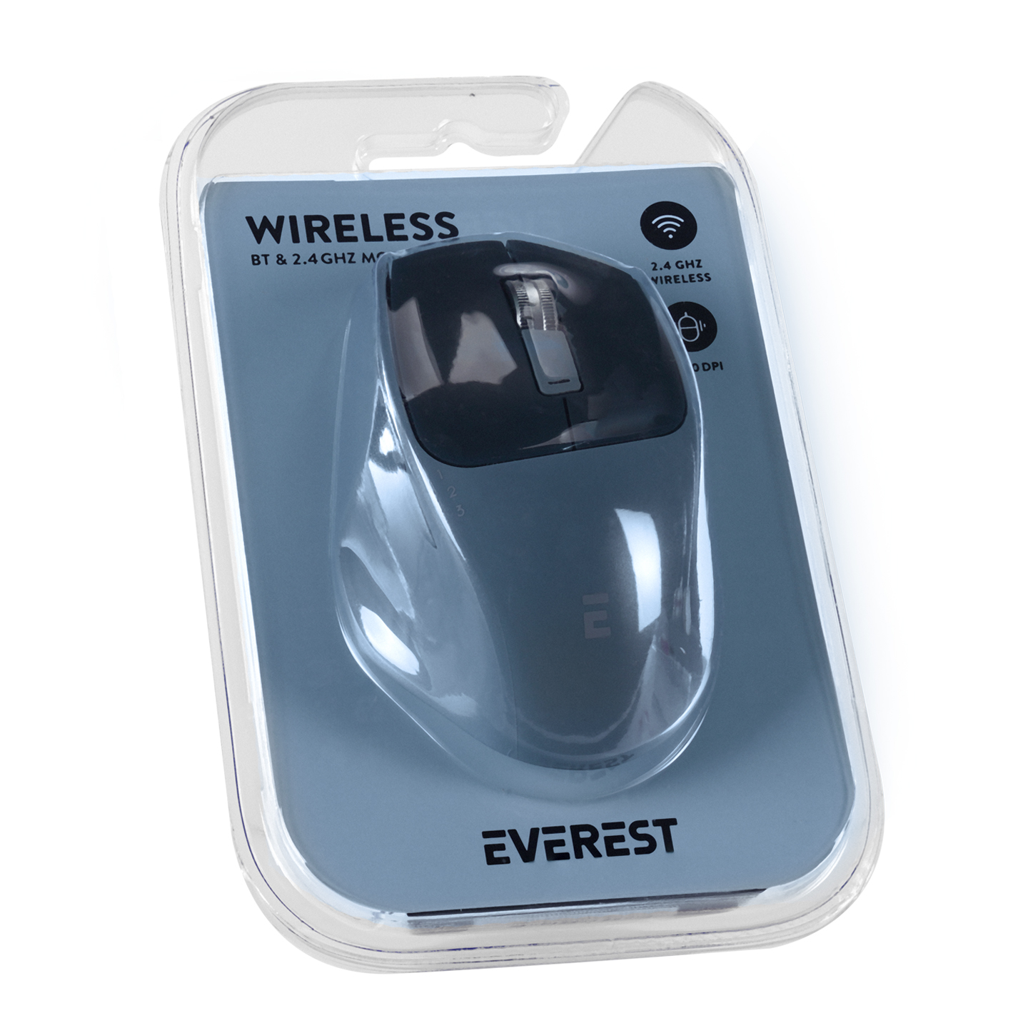 Plastik bir ambalajda kablosuz bir fare. Fare koyu gridir. Marka adı Everest.