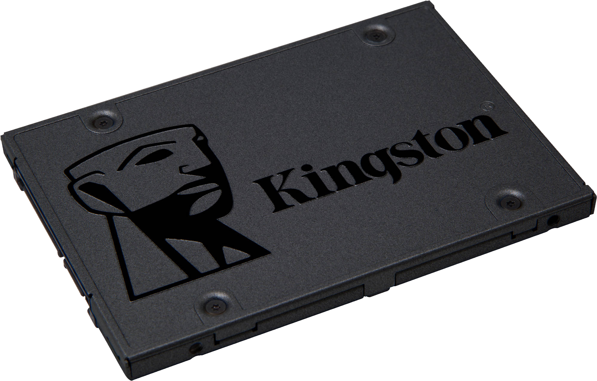 Eine schwarze Kingston SSD mit Markenlogo und Schrauben.