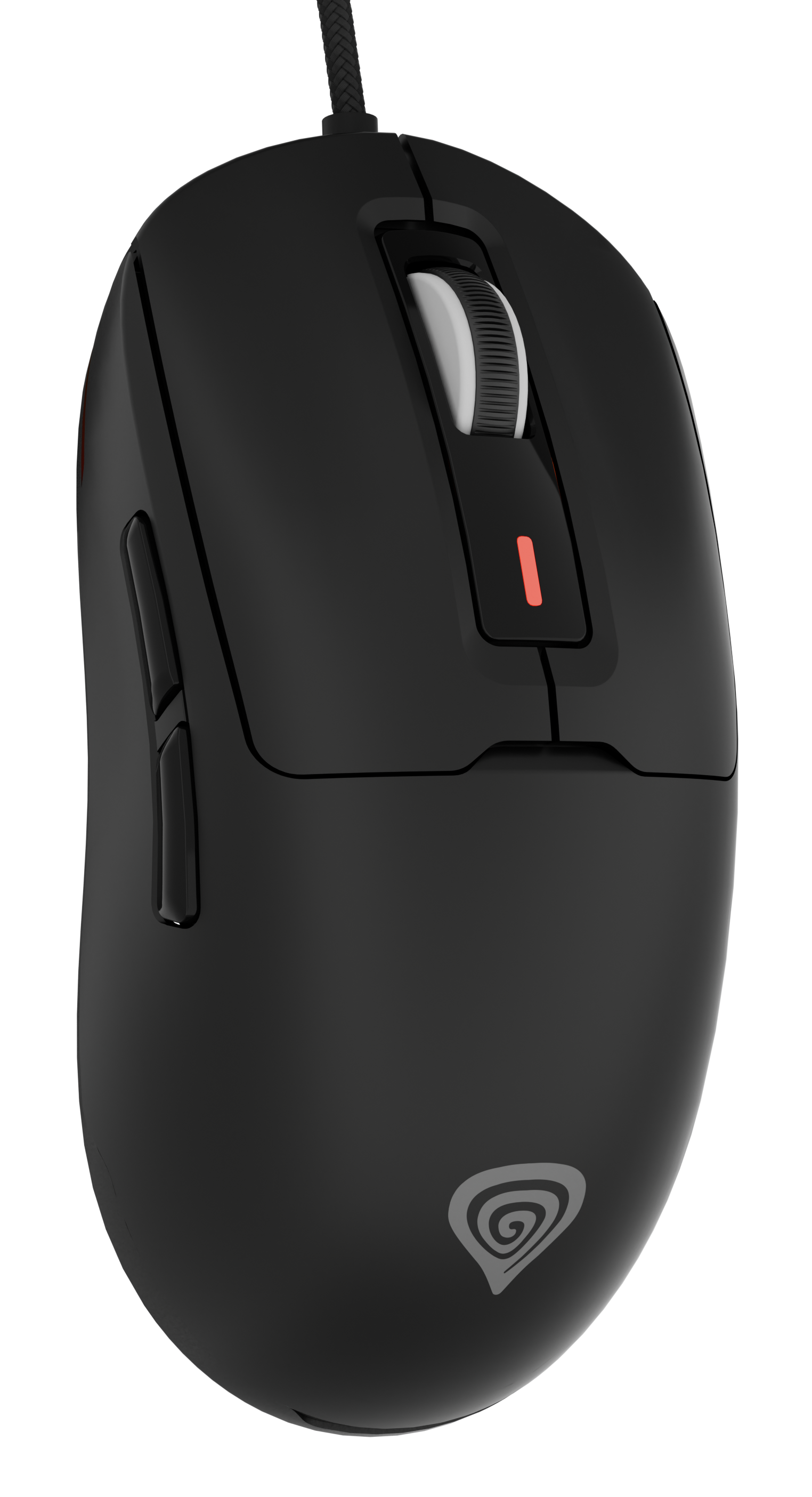 Czarna mysz z czerwonym światłem na czarnym tle.