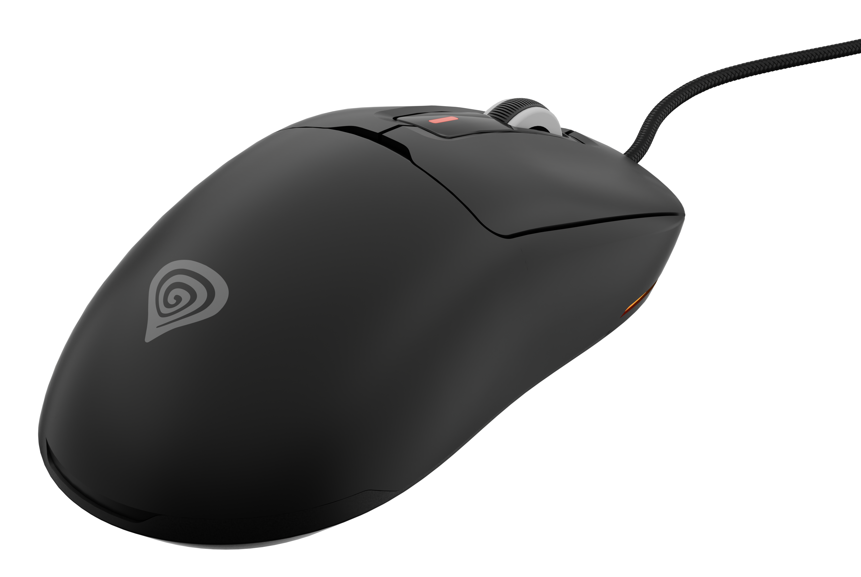 Czarna mysz z czerwonym światłem na czarnym tle.