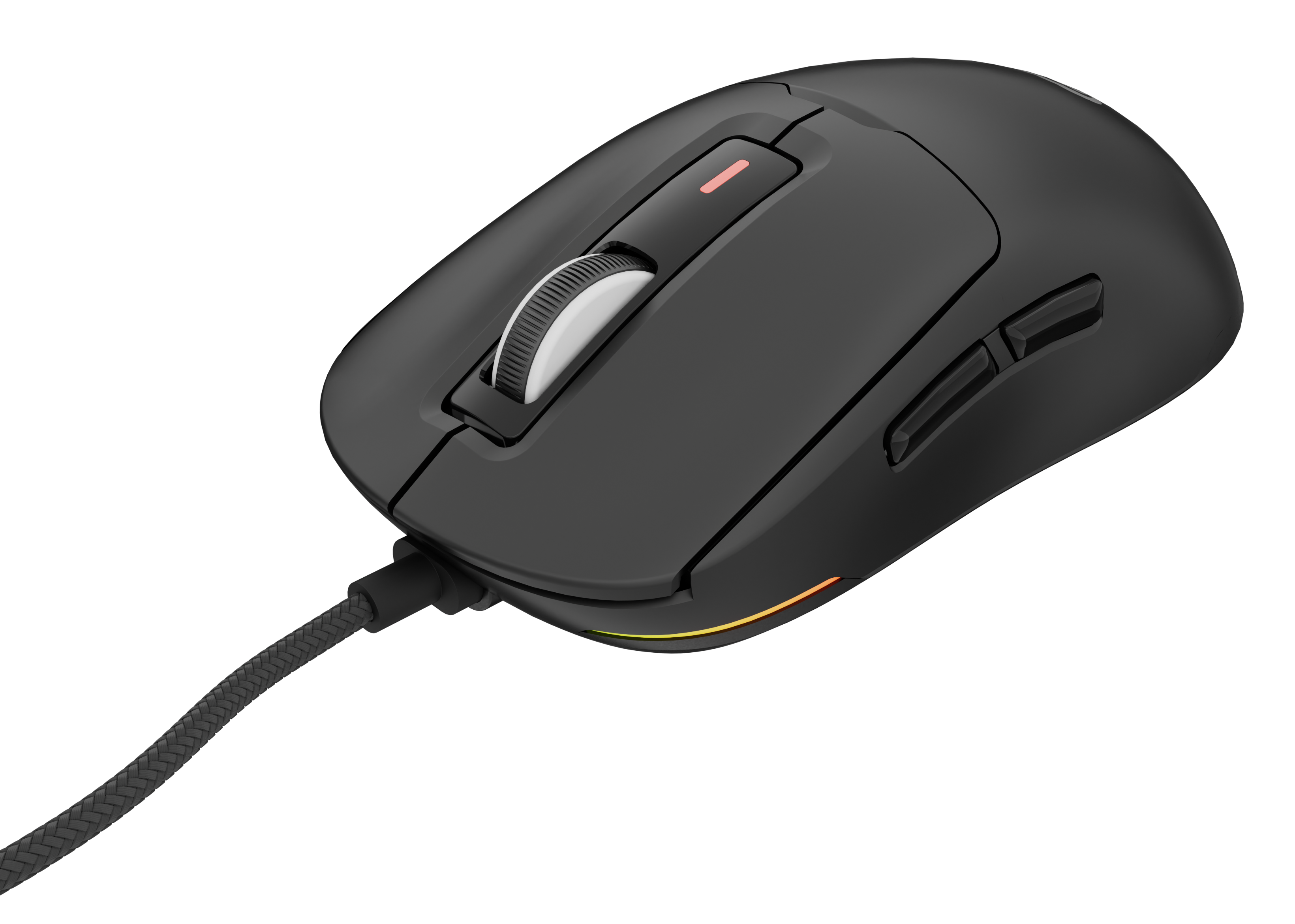 Czarna mysz gamingowa z rolką i bocznymi przyciskami, na czarnym tle.