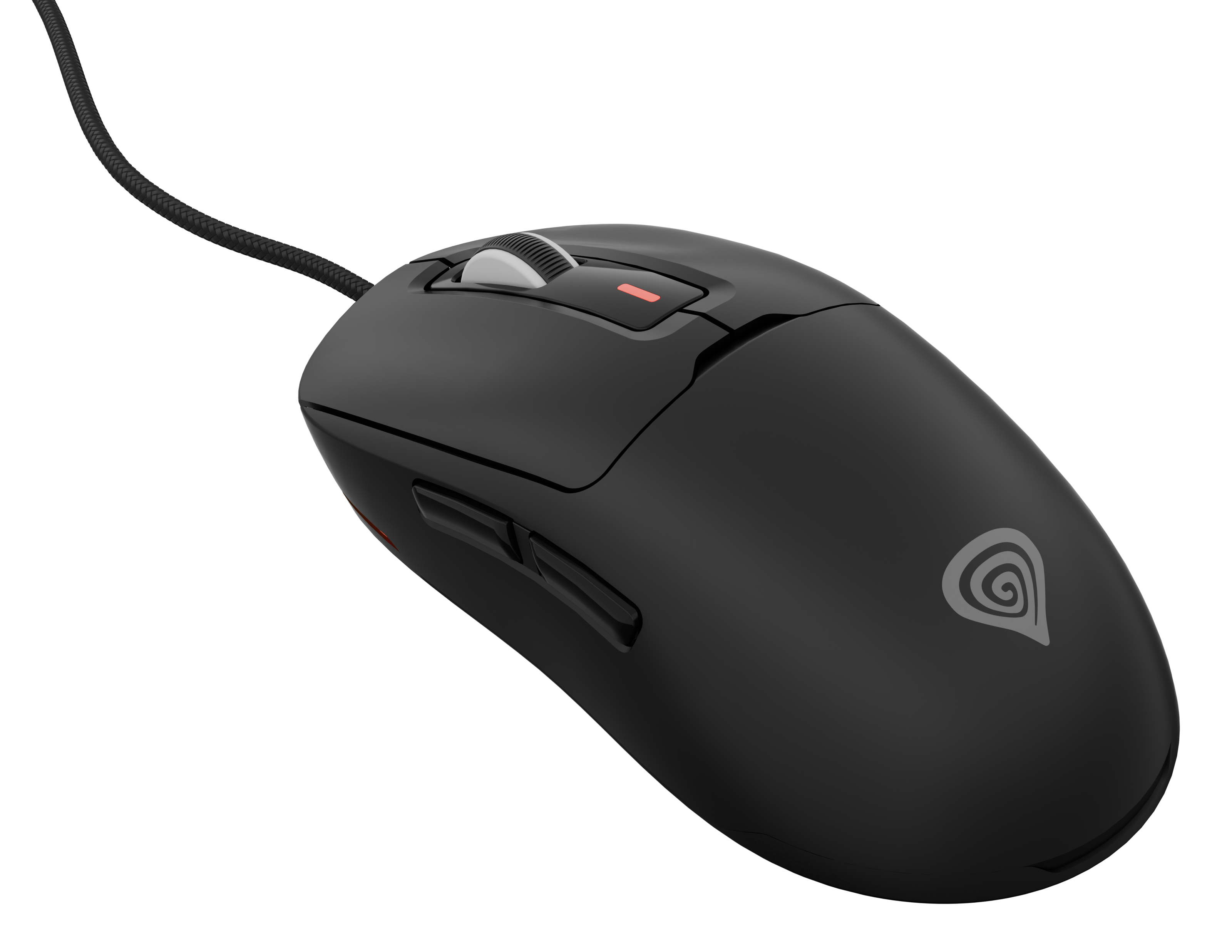 Czarna mysz z czerwonym światłem na czarnym tle.