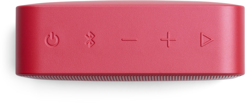 Roter Lautsprecher mit Power-, Bluetooth-, Minus-, Plus- und Play-Tasten.