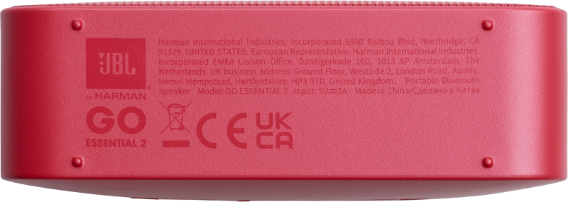 Roter JBL GO Essential 2 tragbarer Lautsprecher, Unteransicht, mit Text und Logo.