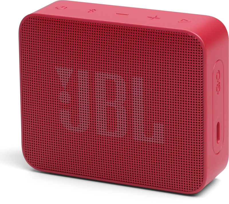 Ein roter JBL-Lautsprecher. Es ist ein kleiner, rechteckiger Lautsprecher mit einem Mesh-Front und Tasten oben.