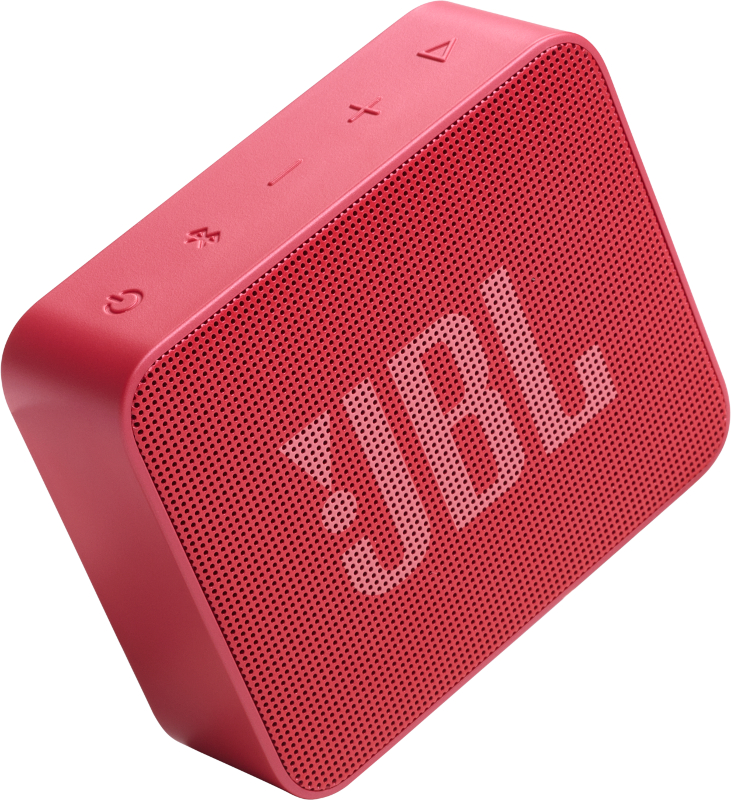 Roter JBL Go 2 Lautsprecher, Winkelansicht, zeigt die Lautsprecherabdeckung.