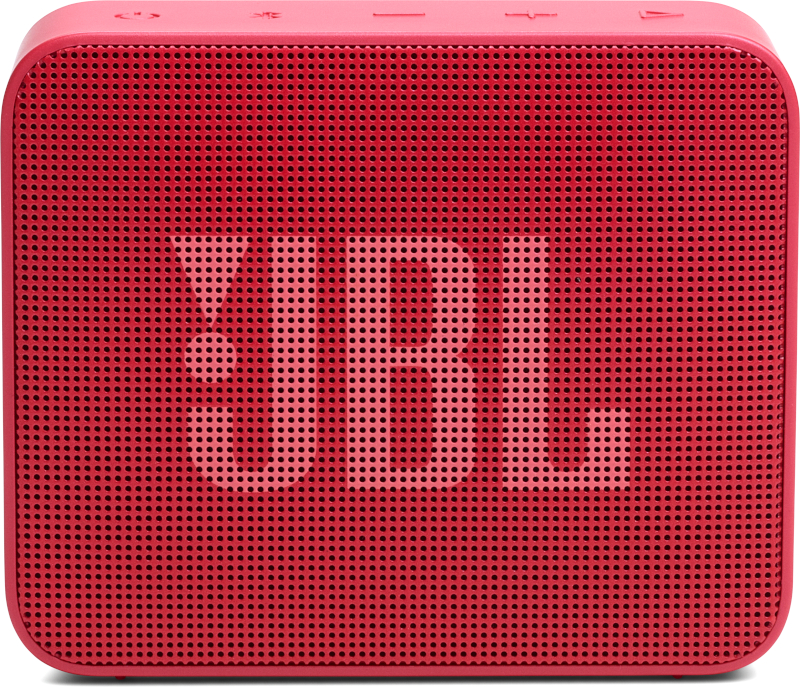 Roter quadratischer Lautsprecher mit perforierter Front. Das Wort JBL steht vorne.