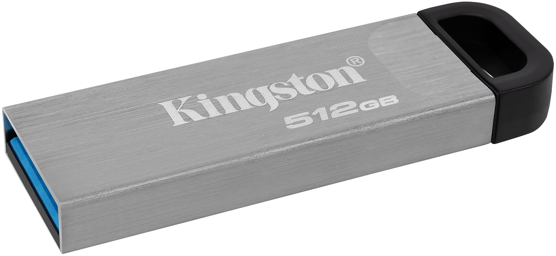 Egy Kingston 512 GB-os USB flash meghajtó, ezüst, fehér háttérrel.