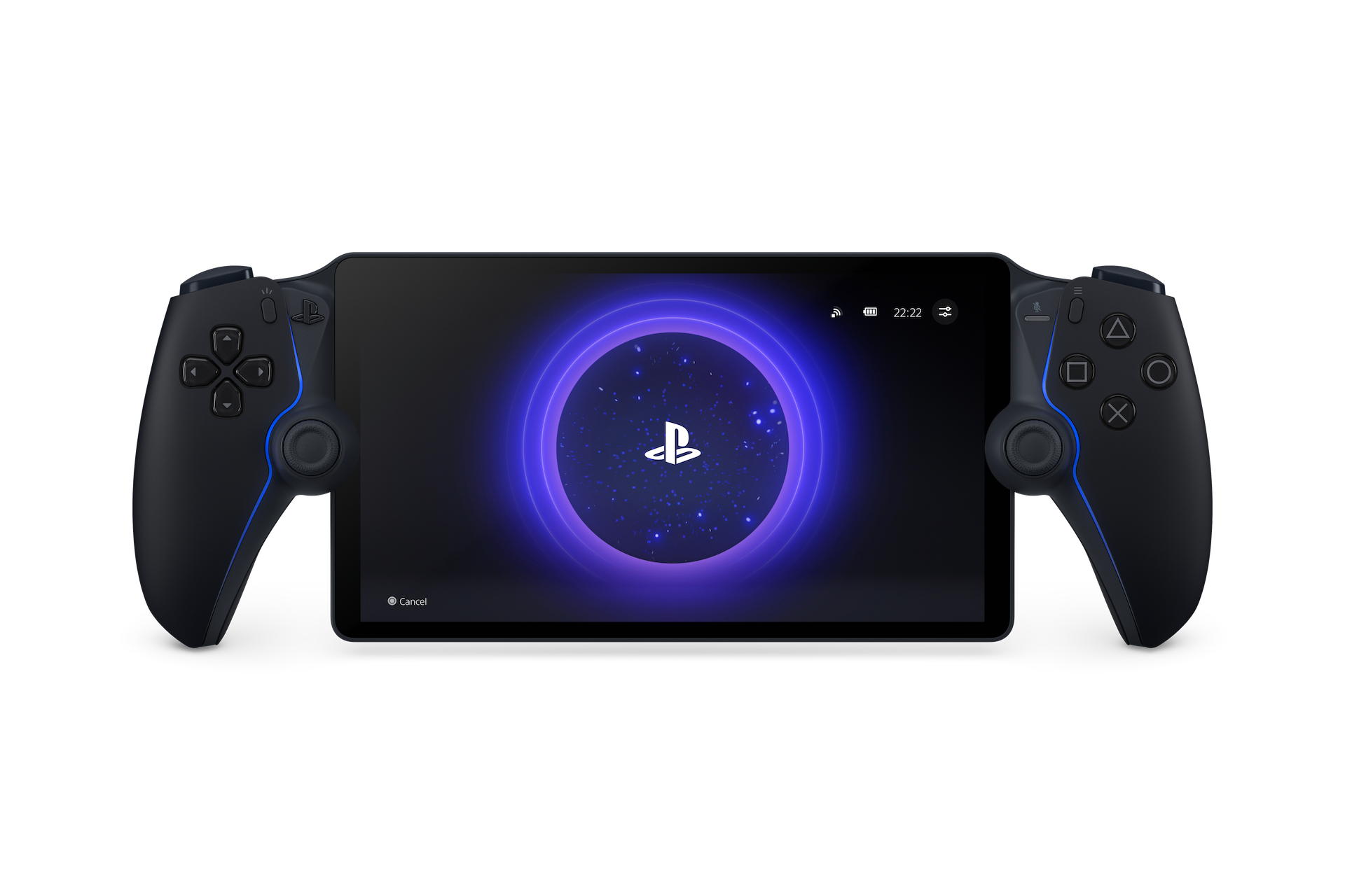 Schwarzes Handheld-Gaming-Gerät mit Bildschirm und beidseitig angebrachten Controllern.