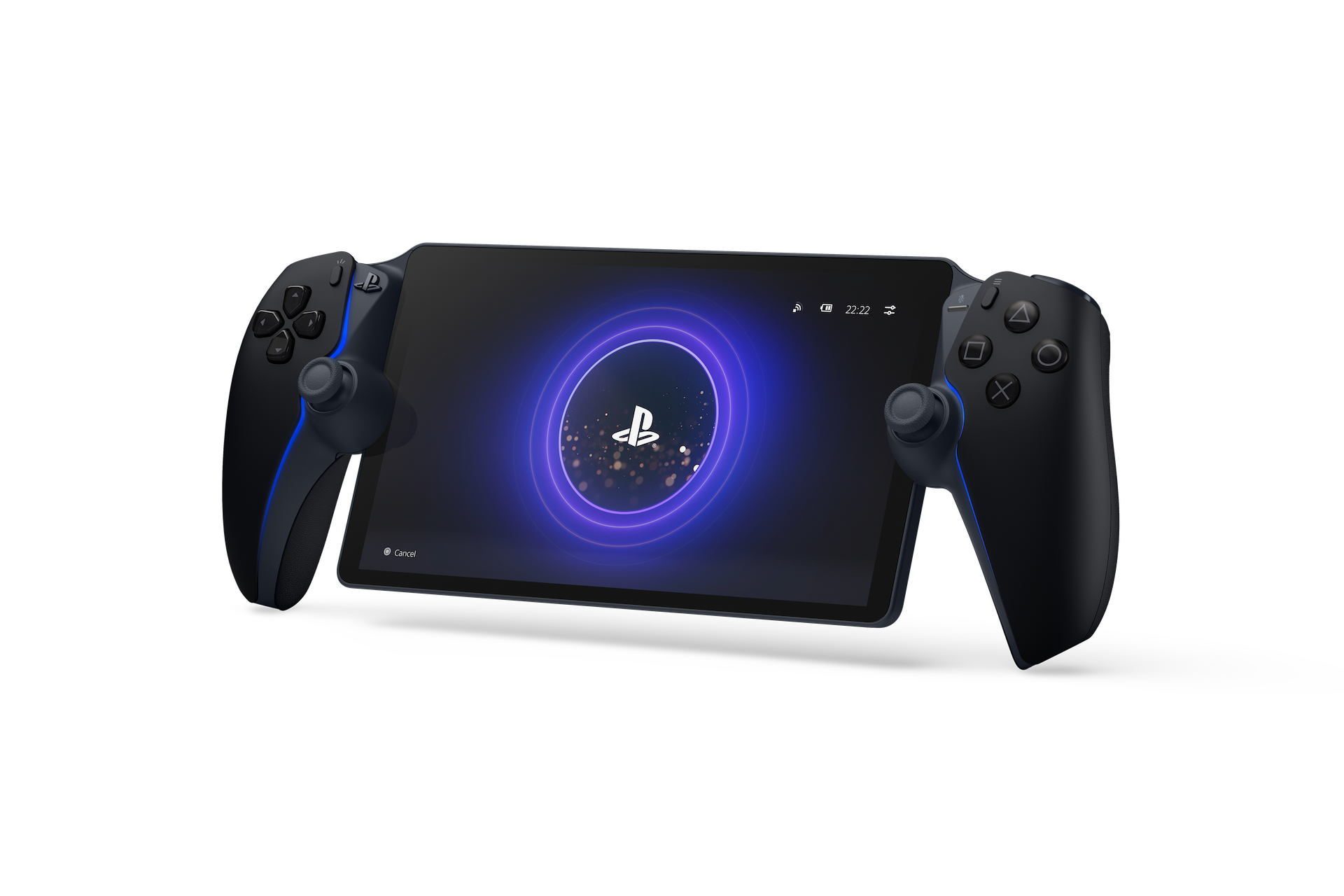 Schwarzes PlayStation Portal. Ein Tablet mit angebrachten Controllern, das eine PlayStation-Oberfläche zeigt.