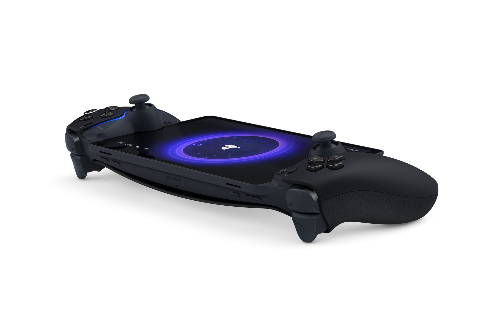 Schwarzer PlayStation-Controller mit Bildschirm, schräg vor schwarzem Hintergrund.