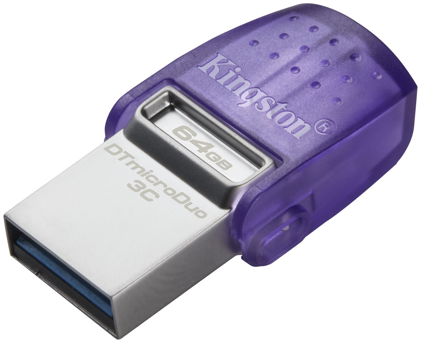 Egy lila Kingston 64 GB-os USB flash meghajtó.