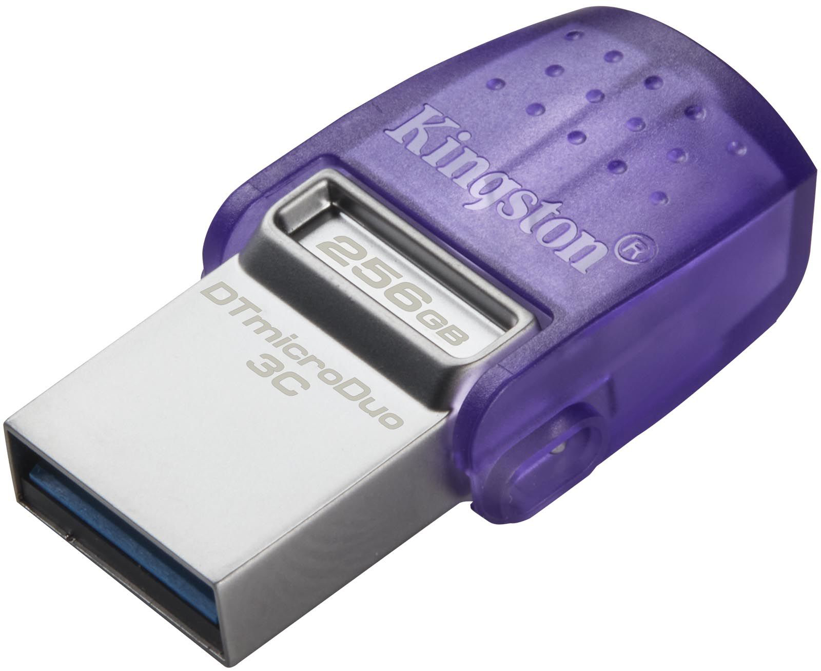 Egy lila-ezüst Kingston USB flash meghajtó.