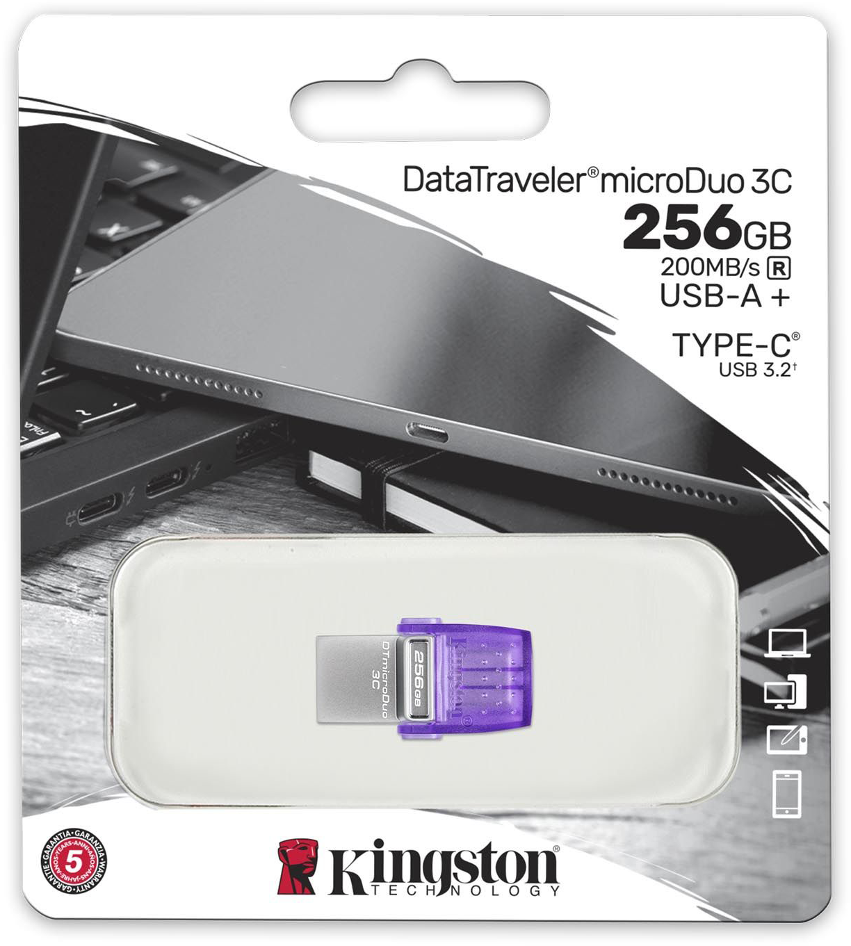 Kingston DataTraveler microDuo 3C USB meghajtó a csomagolásban. USB-A és USB-C csatlakozók.