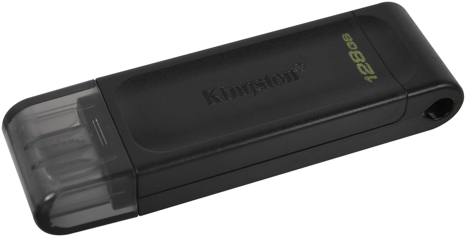 Fekete Kingston USB meghajtó. Téglalap alakú, átlátszó kupakkal az egyik végén.