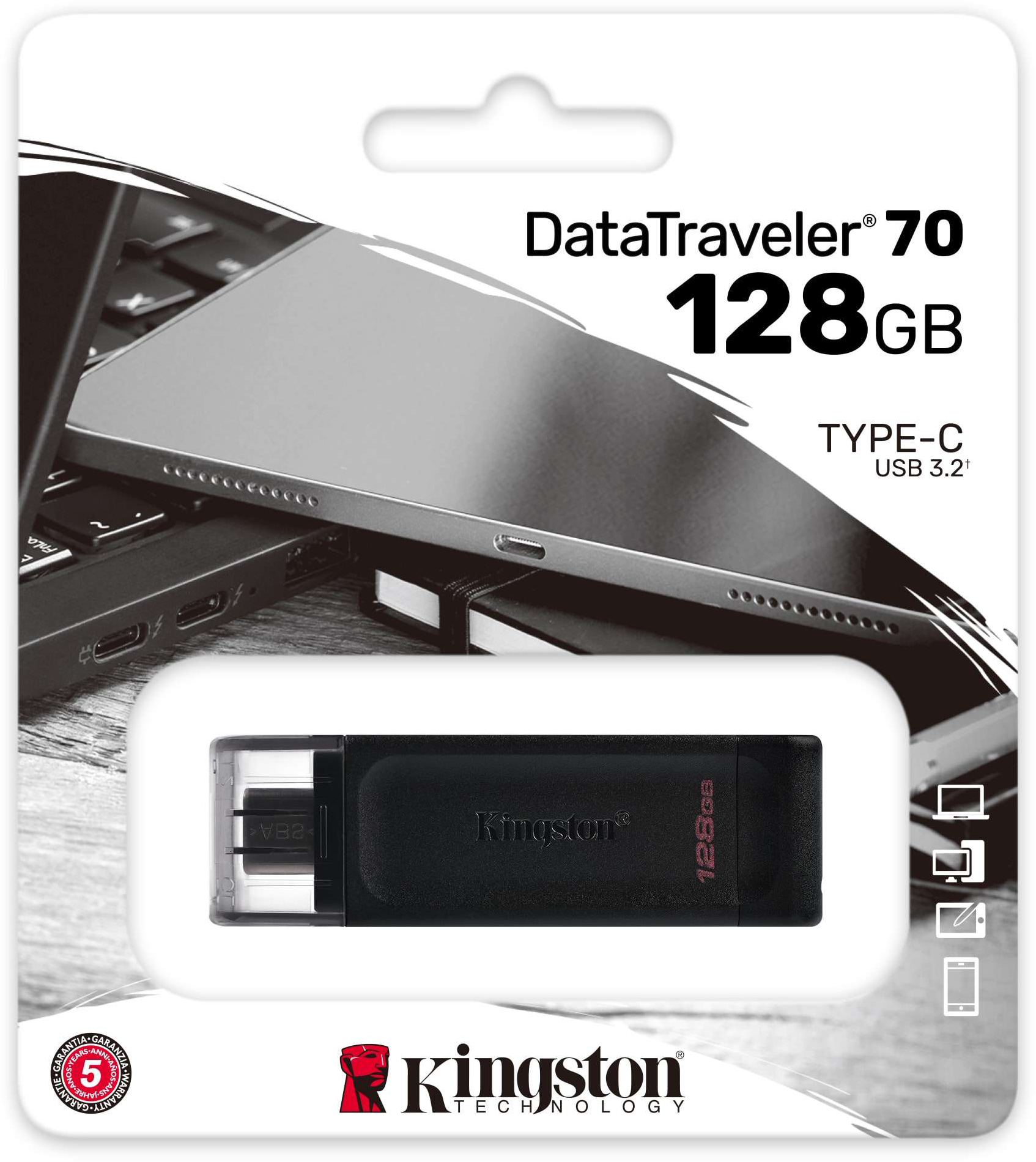 Csomag fekete Kingston USB flash meghajtóval, 128 GB-os és laptop.