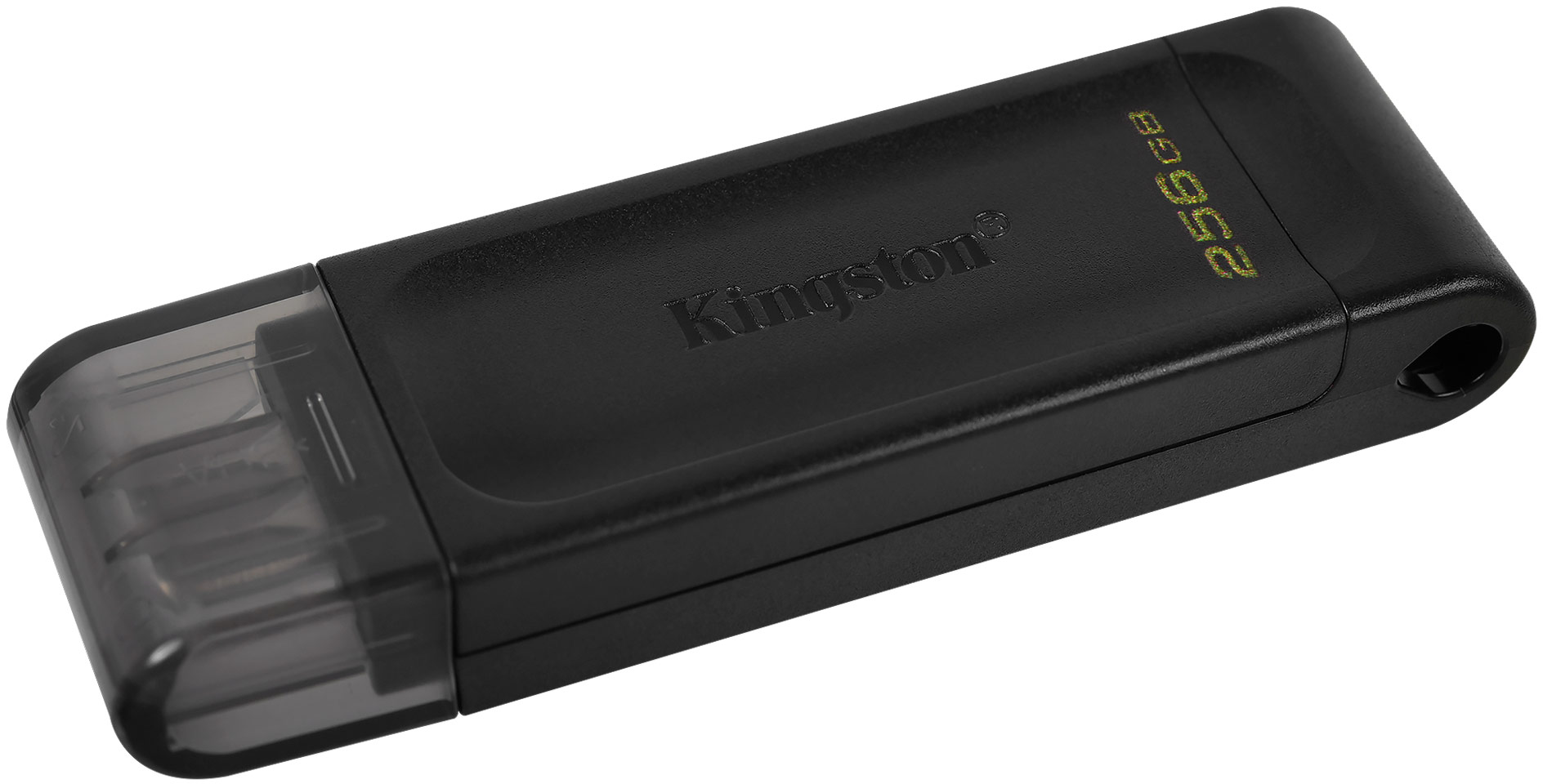 Egy fekete Kingston USB meghajtó átlátszó kupakkal, 256 GB felirattal.