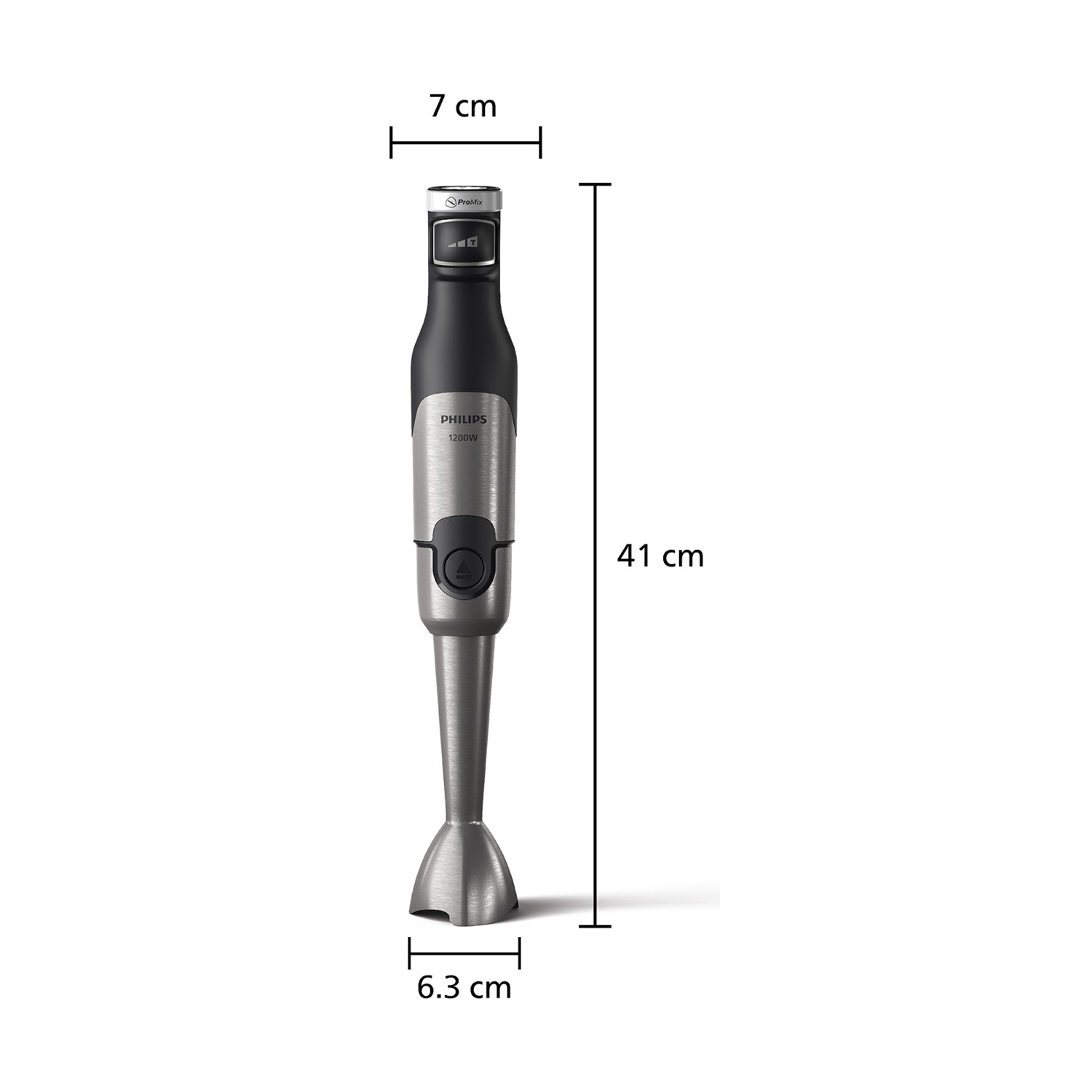 Frullatore a immersione Philips argentato, dimensioni: 7cm, 41cm e 6.3cm.
