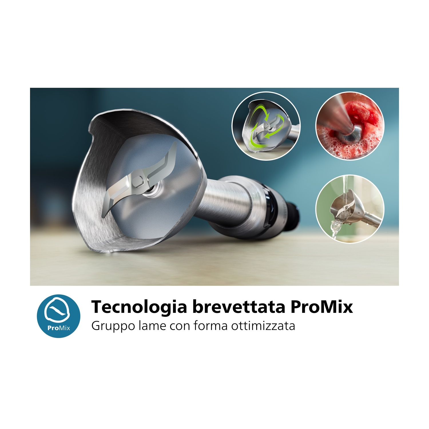 Testa del frullatore in acciaio inox con lame, con 3 immagini più piccole.