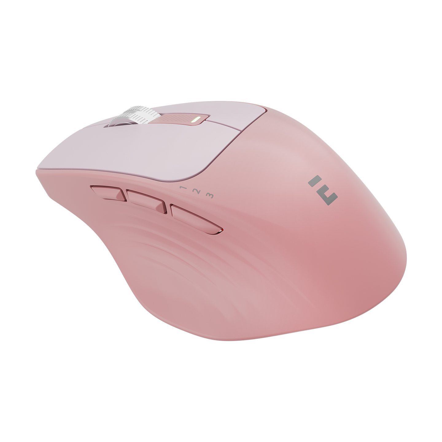 Pembe ve beyaz kablosuz fare, açılı görünüm.