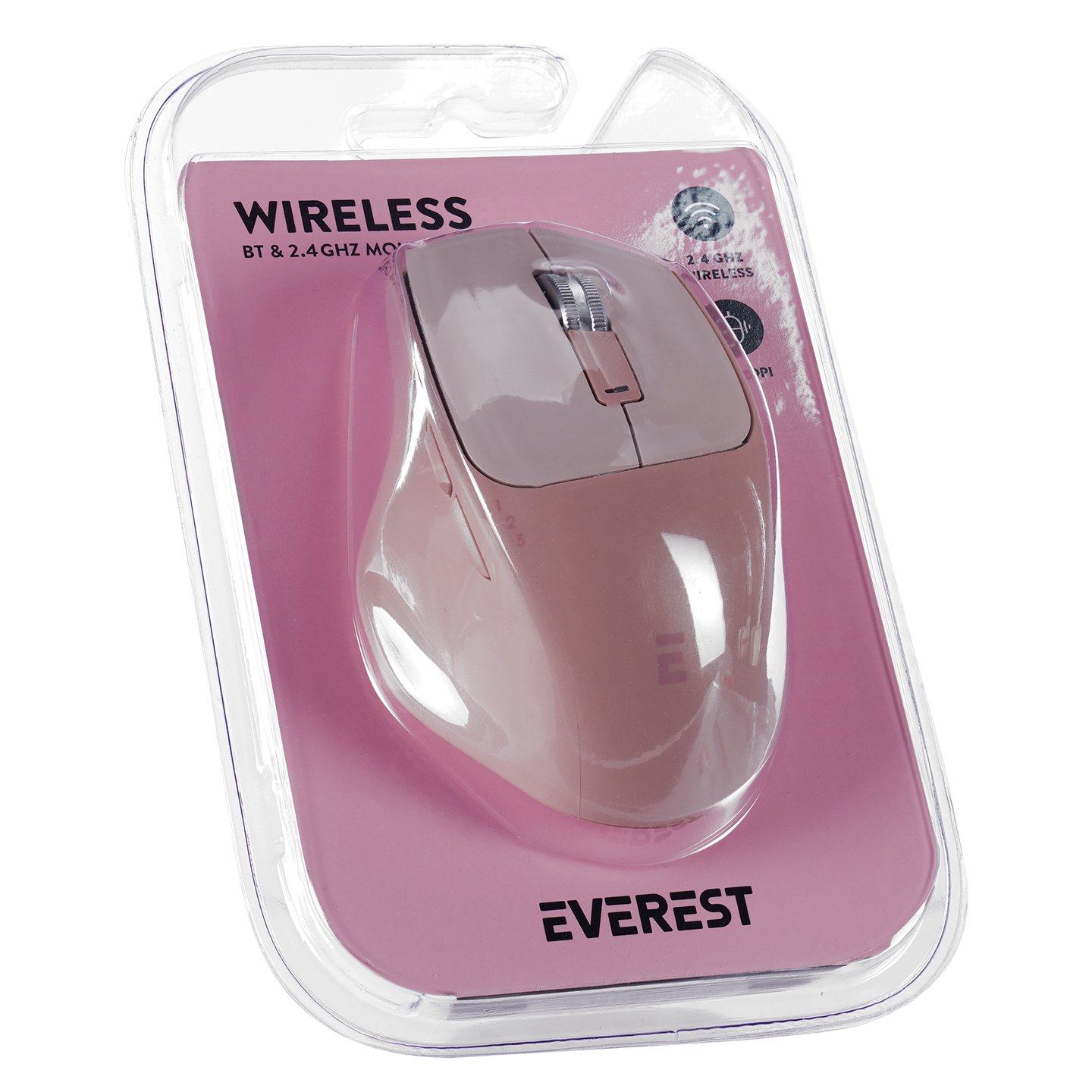Şeffaf ambalajda pembe kablosuz fare, Everest markası.