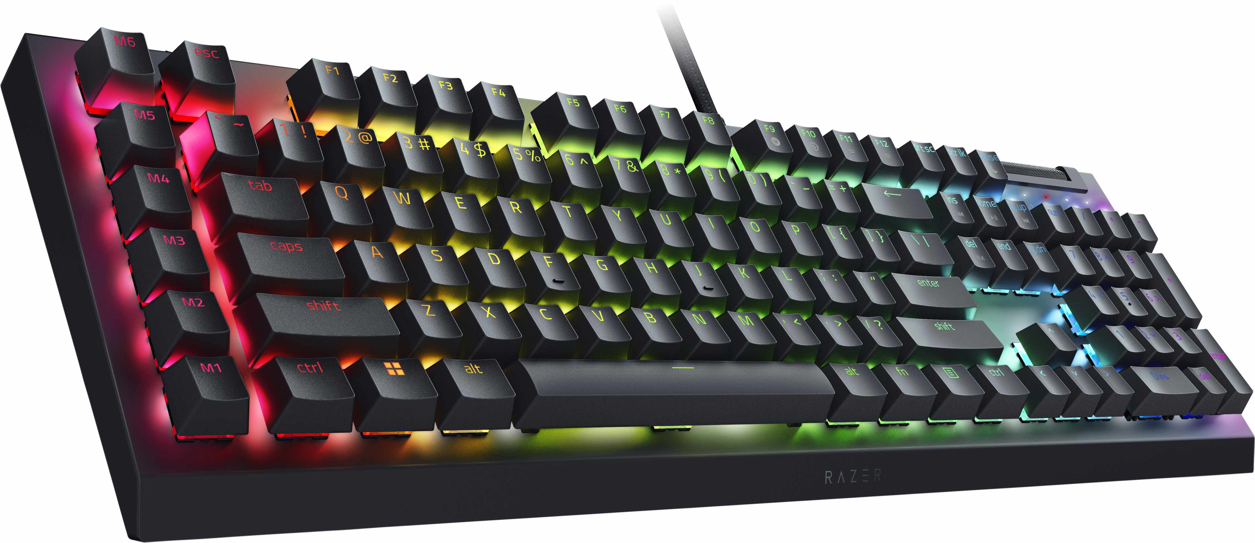 Tastiera nera con illuminazione RGB. Tasti neri con lettere bianche. Logo Razer frontale.