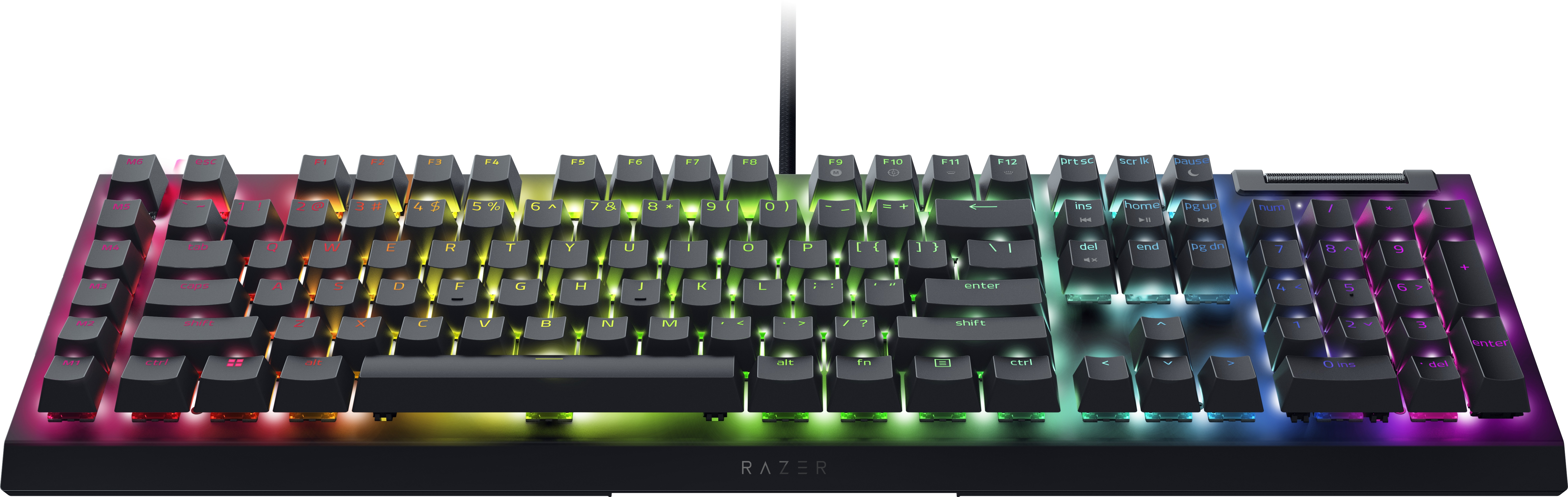Tastiera Razer con tasti illuminati. Tasti e telaio neri con luci multicolore.