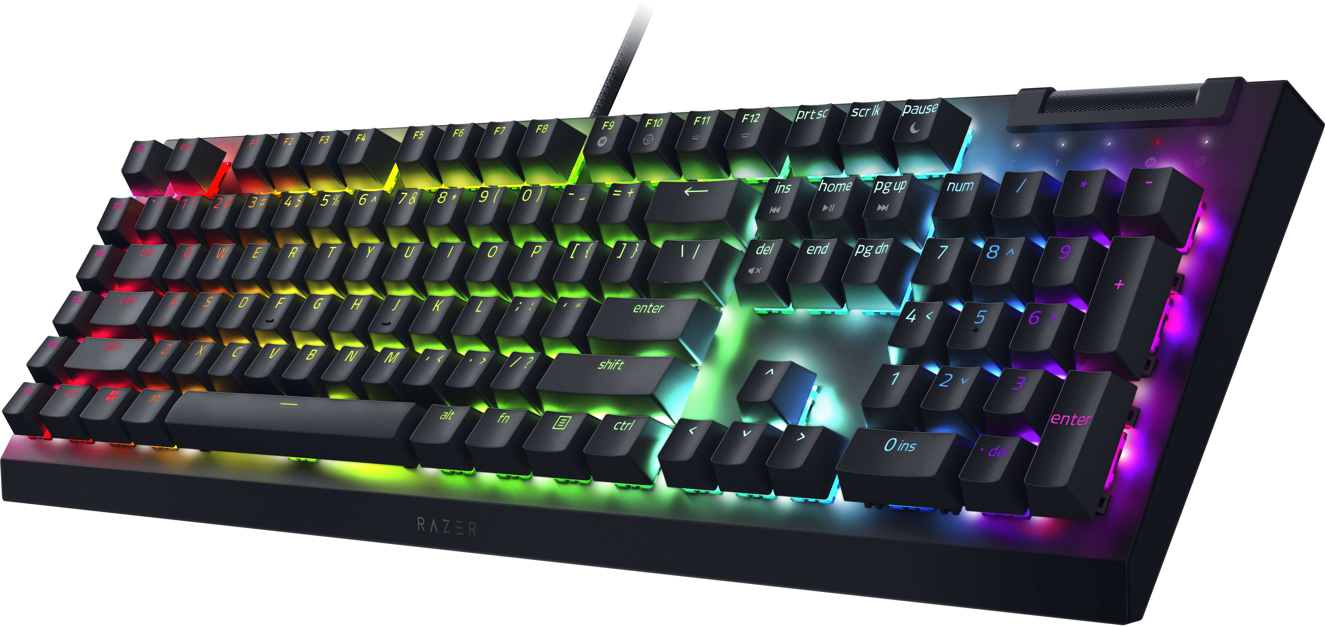 Tastiera Razer nera con tasti retroilluminati colorati, angolata dall'alto a sinistra.