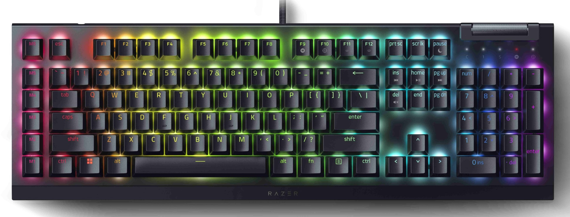 Tastiera Razer nera con tasti illuminati multicolore.
