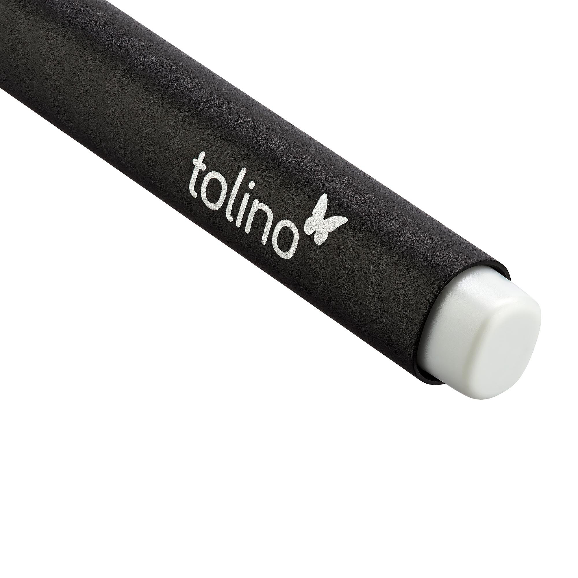 Schwarzer Eingabestift mit weißem Ende und Tolino-Logo.
