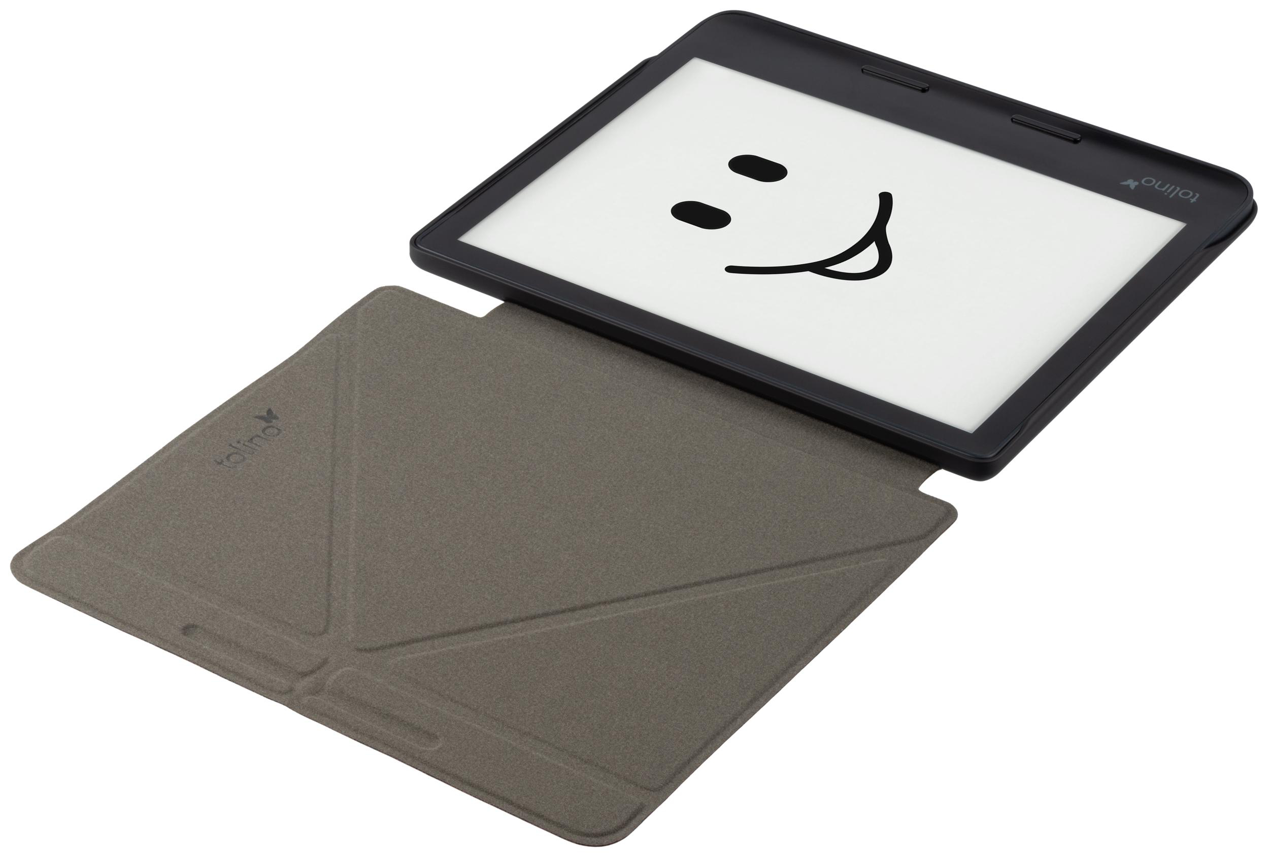 E-Reader mit einem Smiley auf dem Bildschirm, geöffnet in einer grauen Hülle.