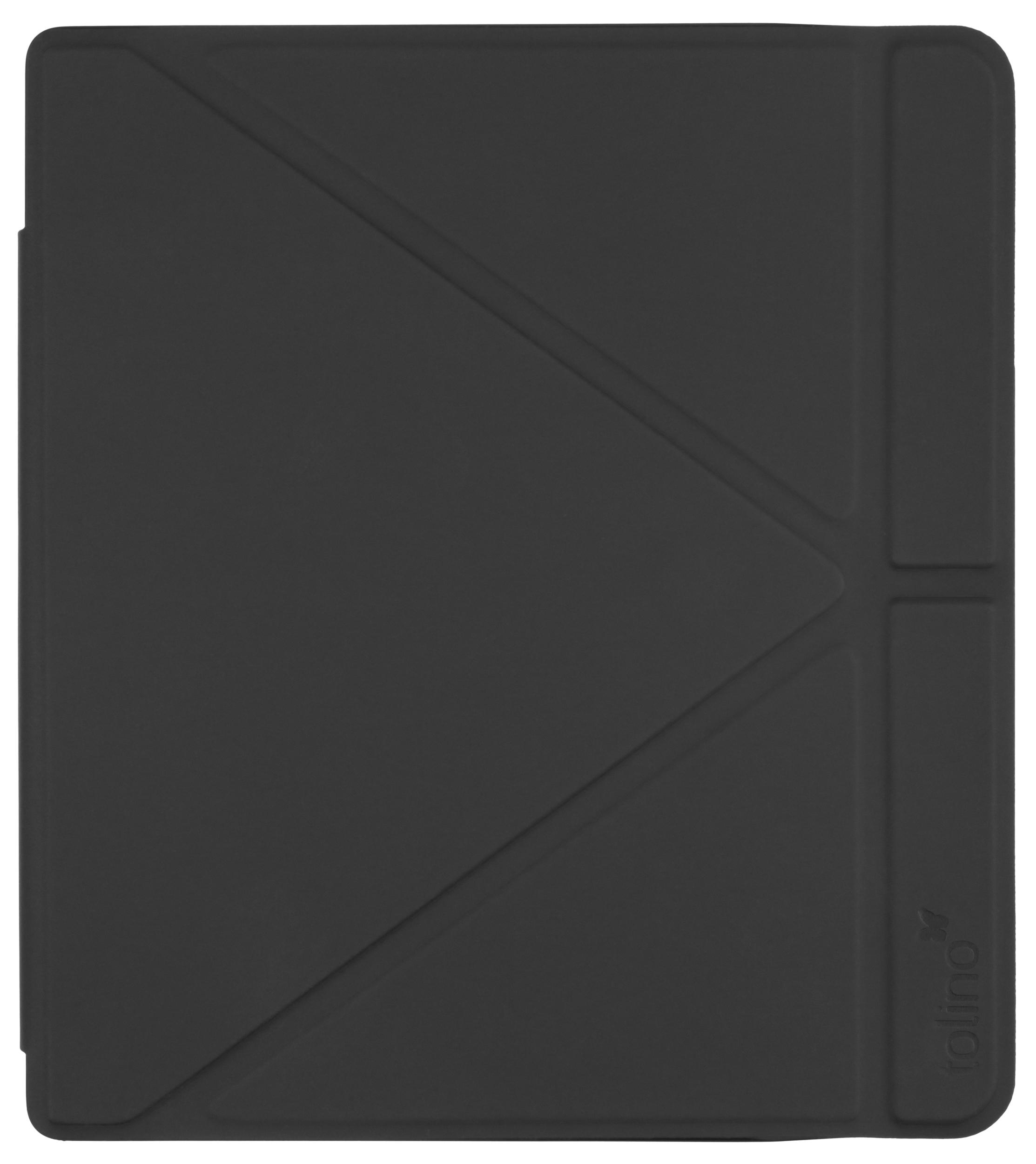 Eine schwarze Tablet-Hülle mit Faltendesign und geometrischem Muster. Das Tolino-Logo ist rechts.