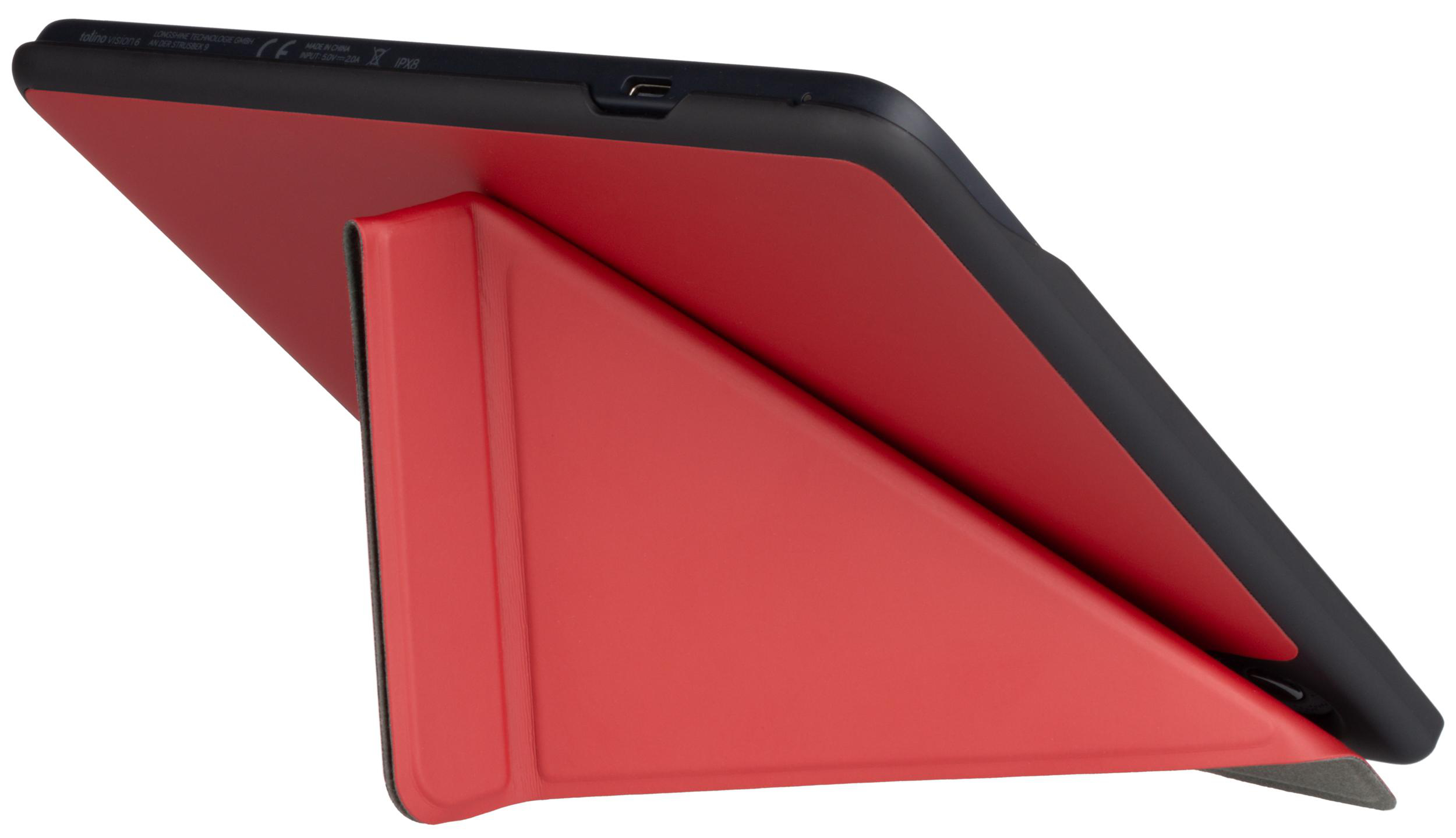 Rotes Tablet in rotem Ständer, schwarzer Rahmen. Schräge Ansicht, Seitenprofil.
