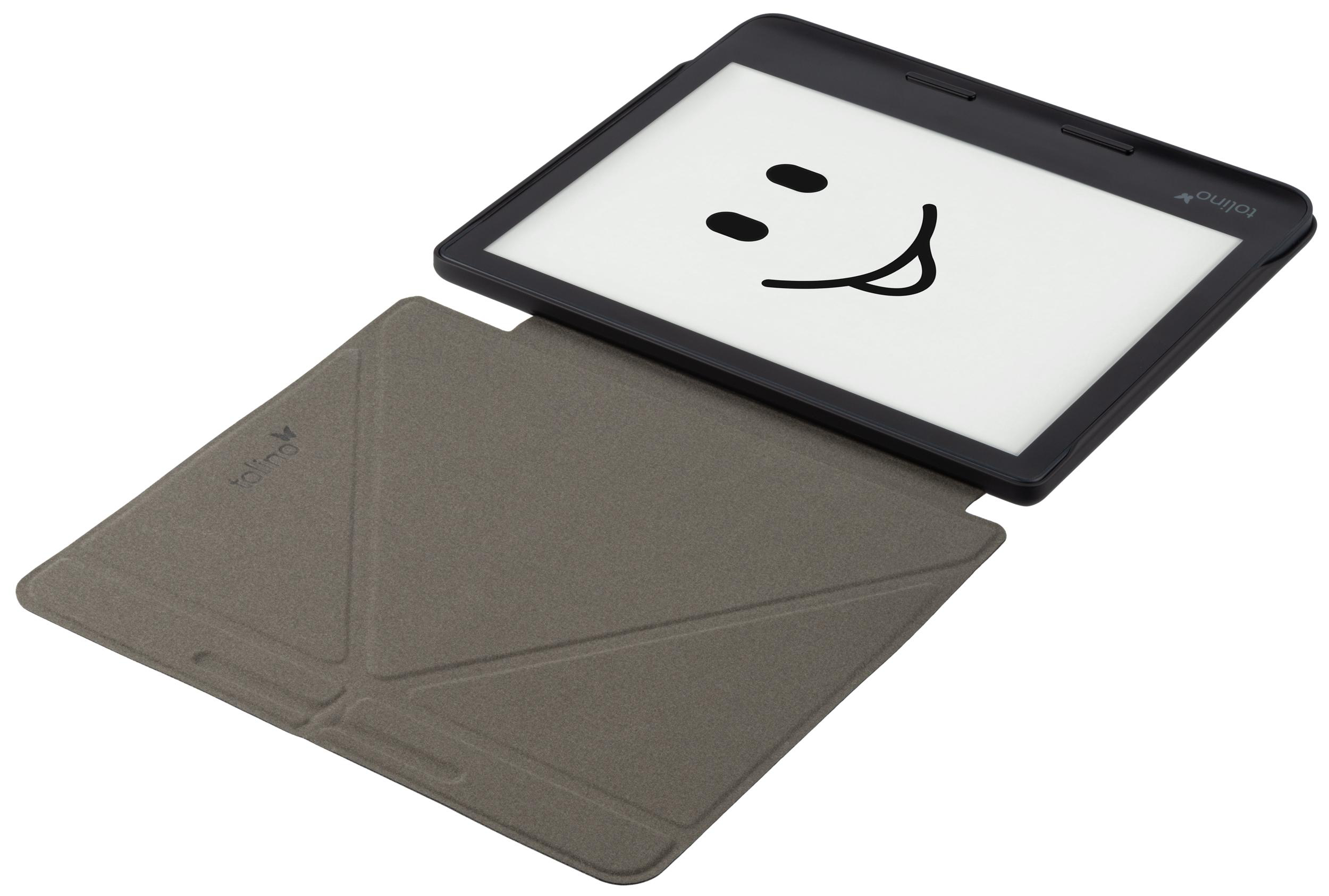 E-Reader mit Smiley-Gesicht auf dem Bildschirm und Hülle.