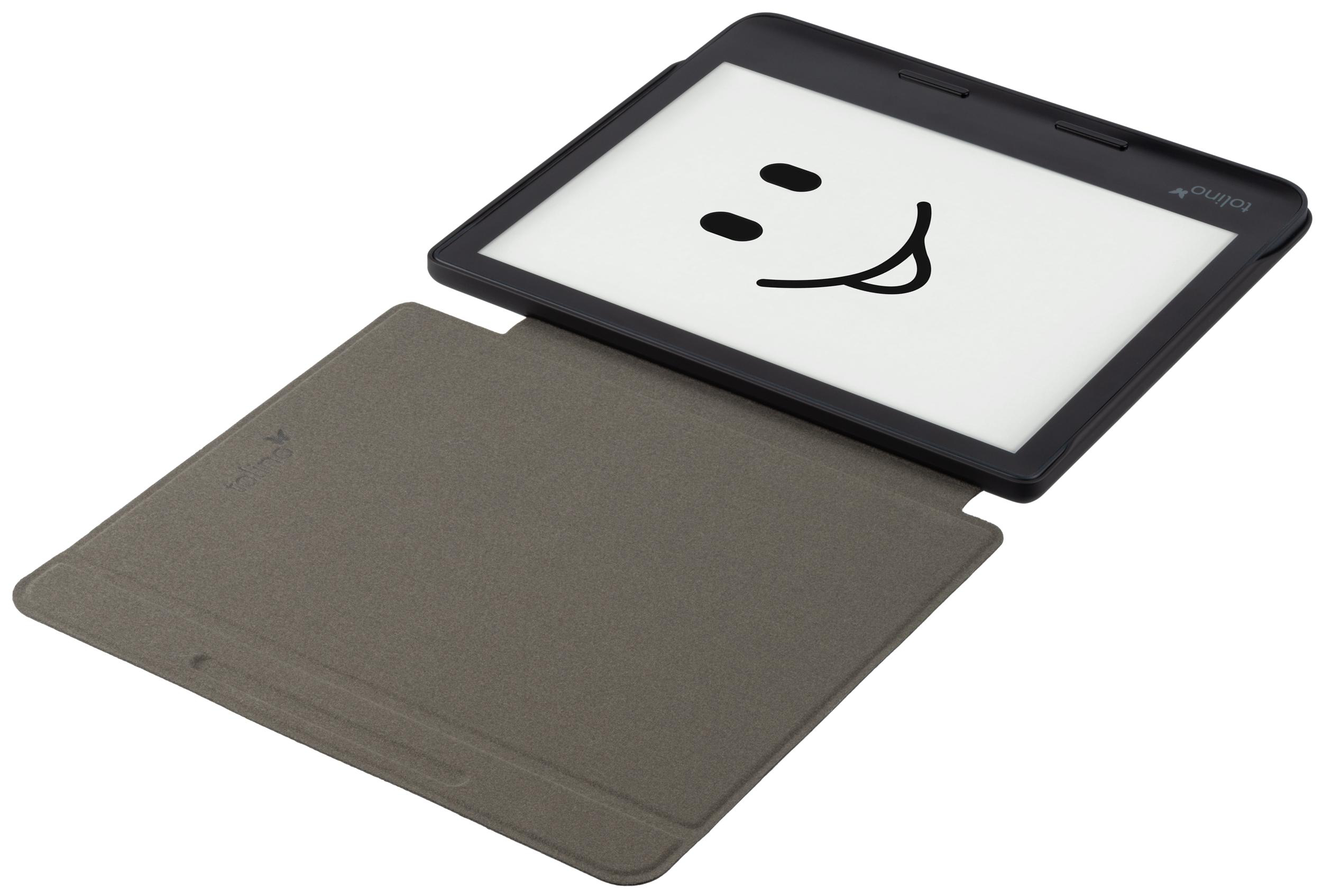 Schwarzes Tablet mit Smiley-Gesicht auf dem Bildschirm und geöffnetem grauen Case.